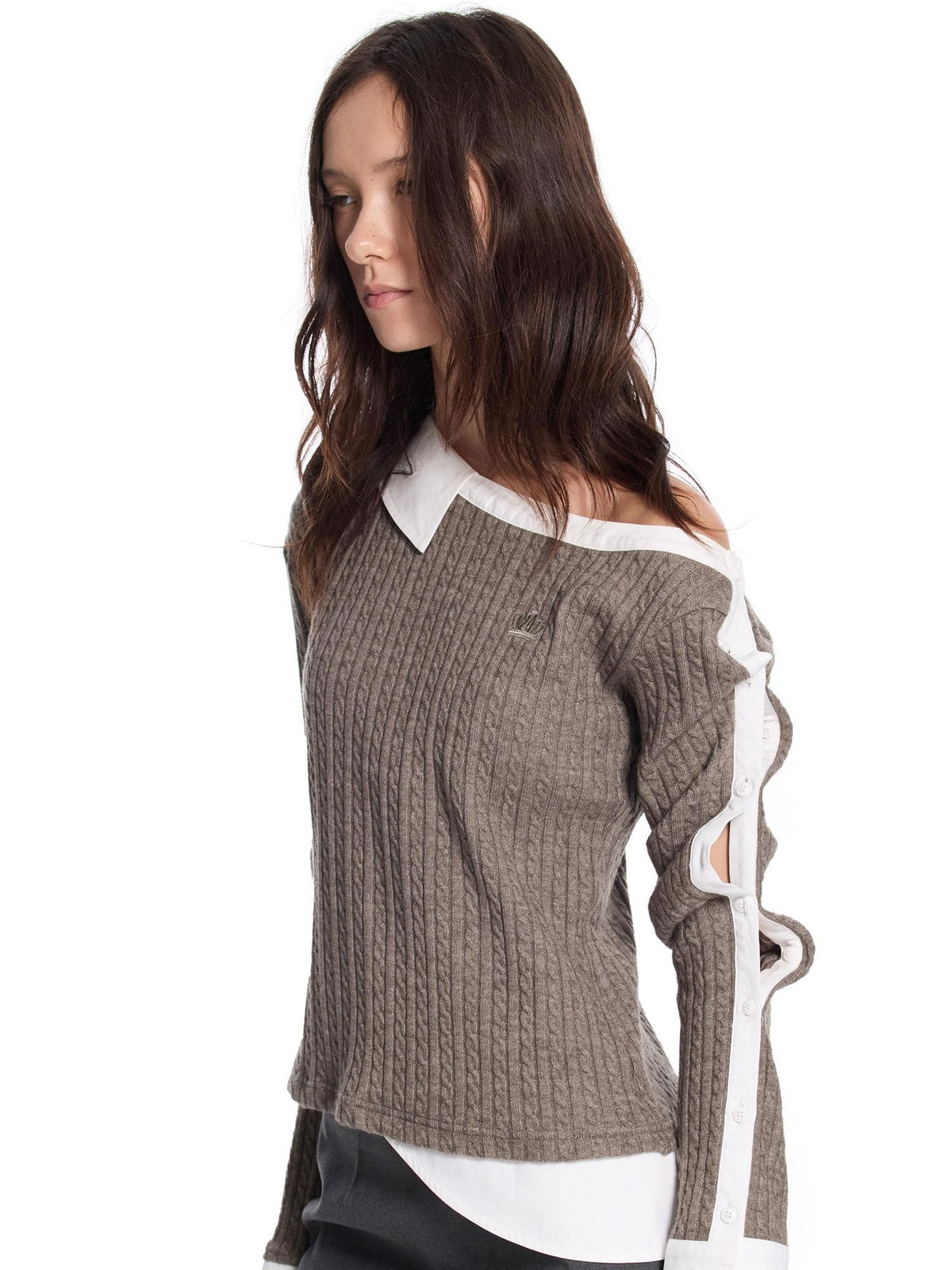 24ans Light Punk Faux Layered Button Cable Knit Cotton Women&