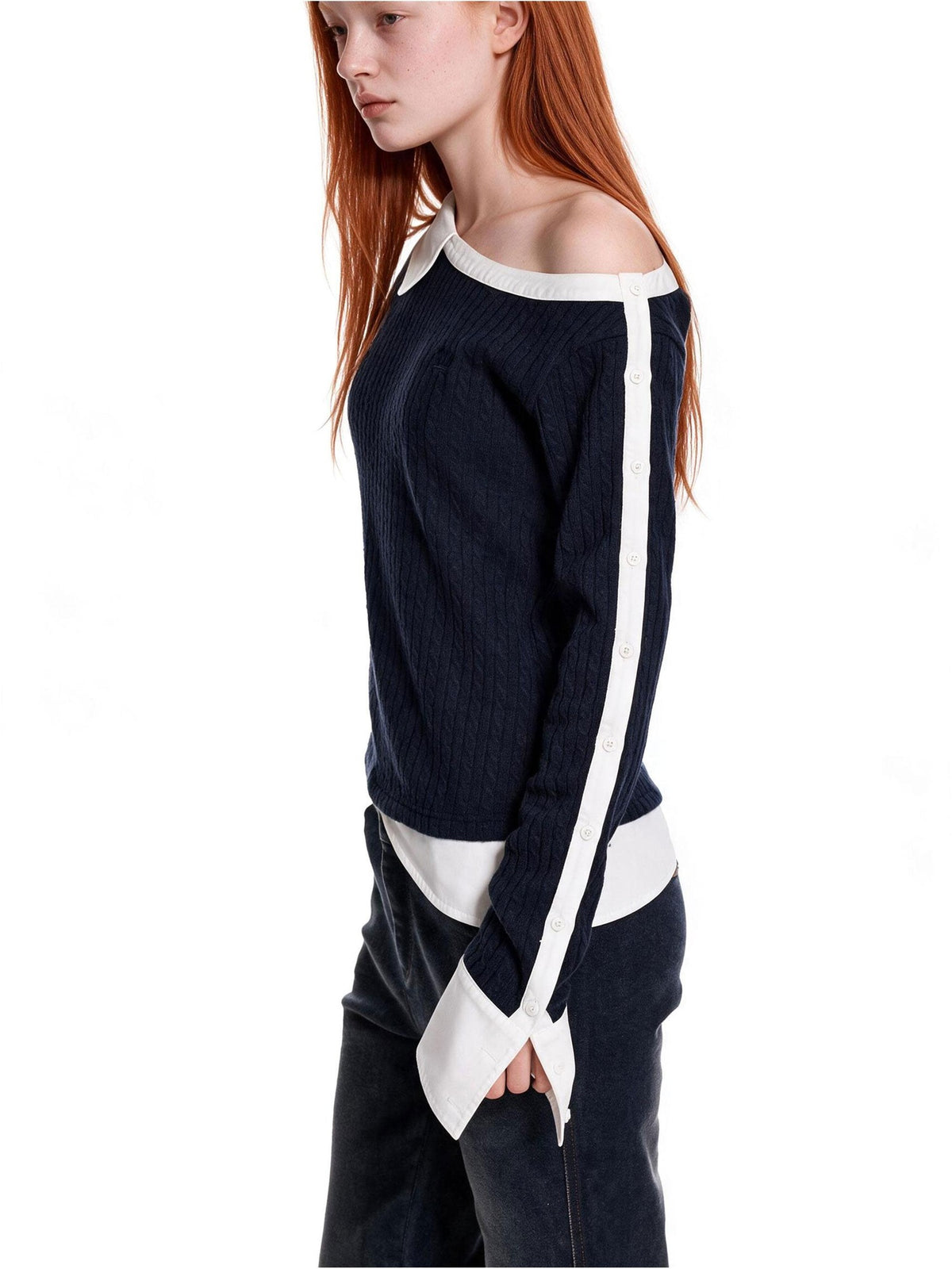 24ans Light Punk Faux Layered Button Cable Knit Cotton Women&