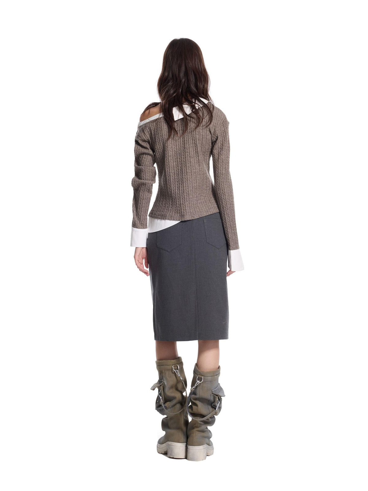 24ans Light Punk Faux Layered Button Cable Knit Cotton Women&