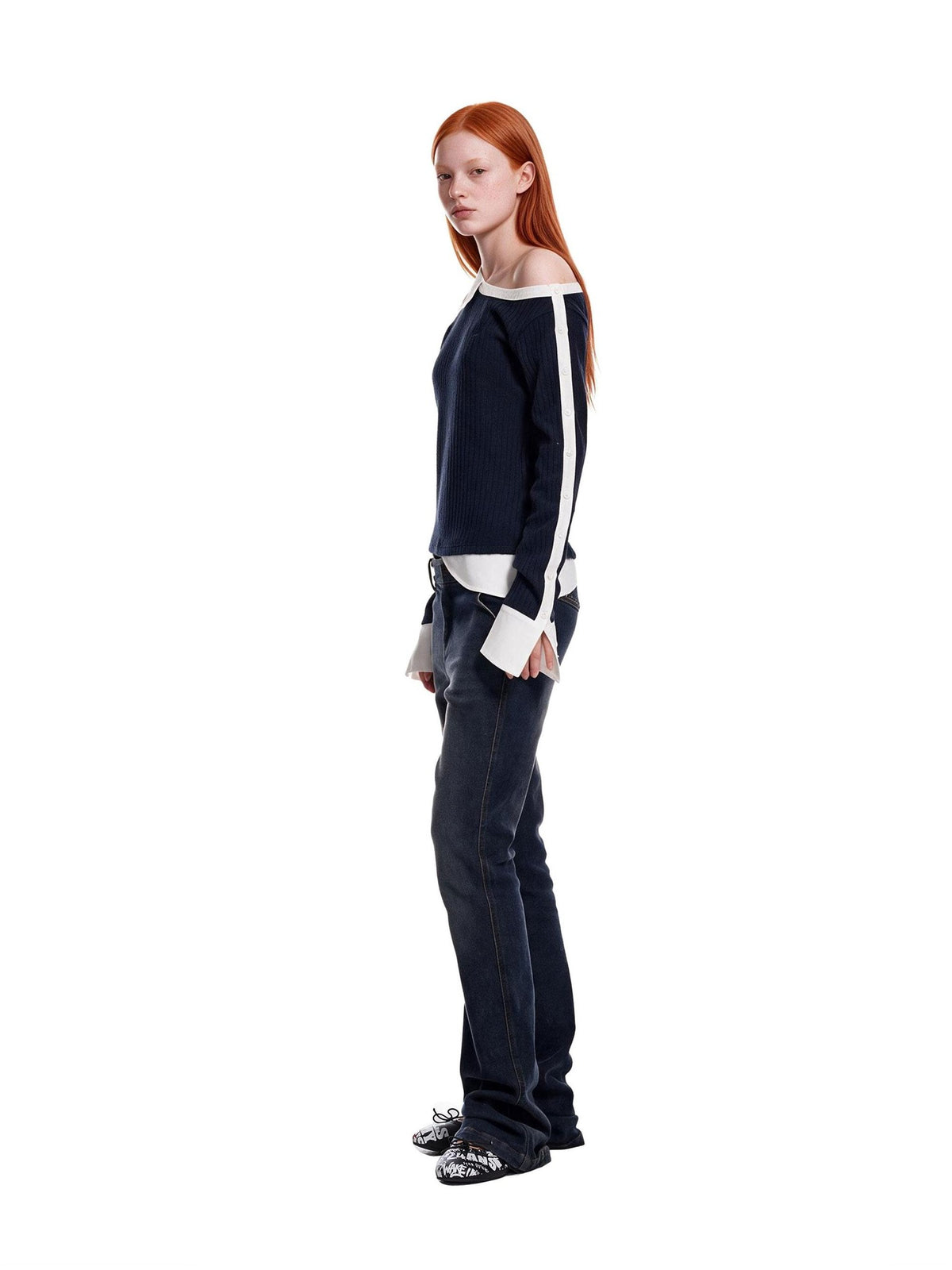 24ans Light Punk Faux Layered Button Cable Knit Cotton Women&