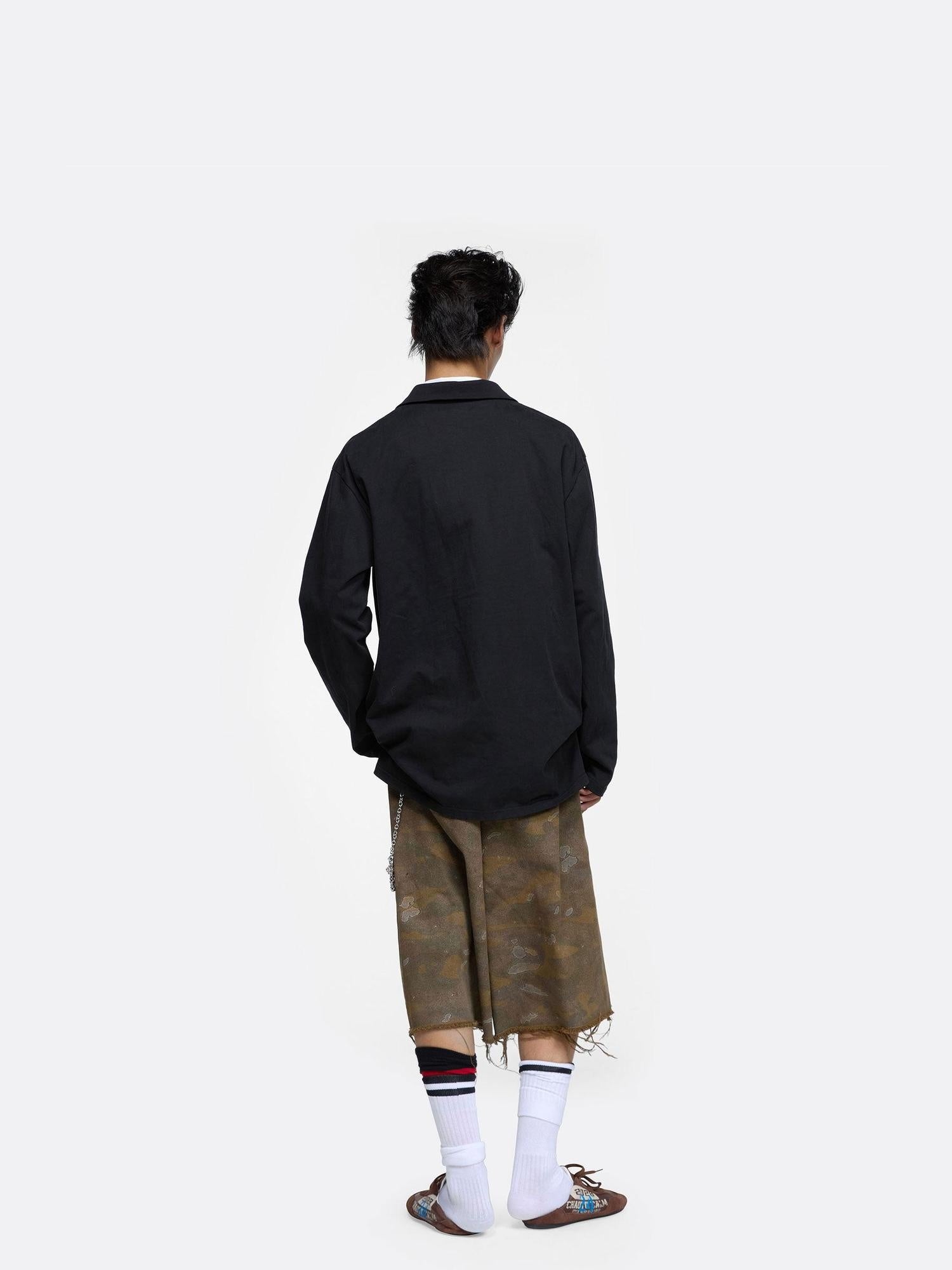 24ans Moisture Wicking Cotton Loose Punk Polo Long Sleeve Unisex Black T-Shirt