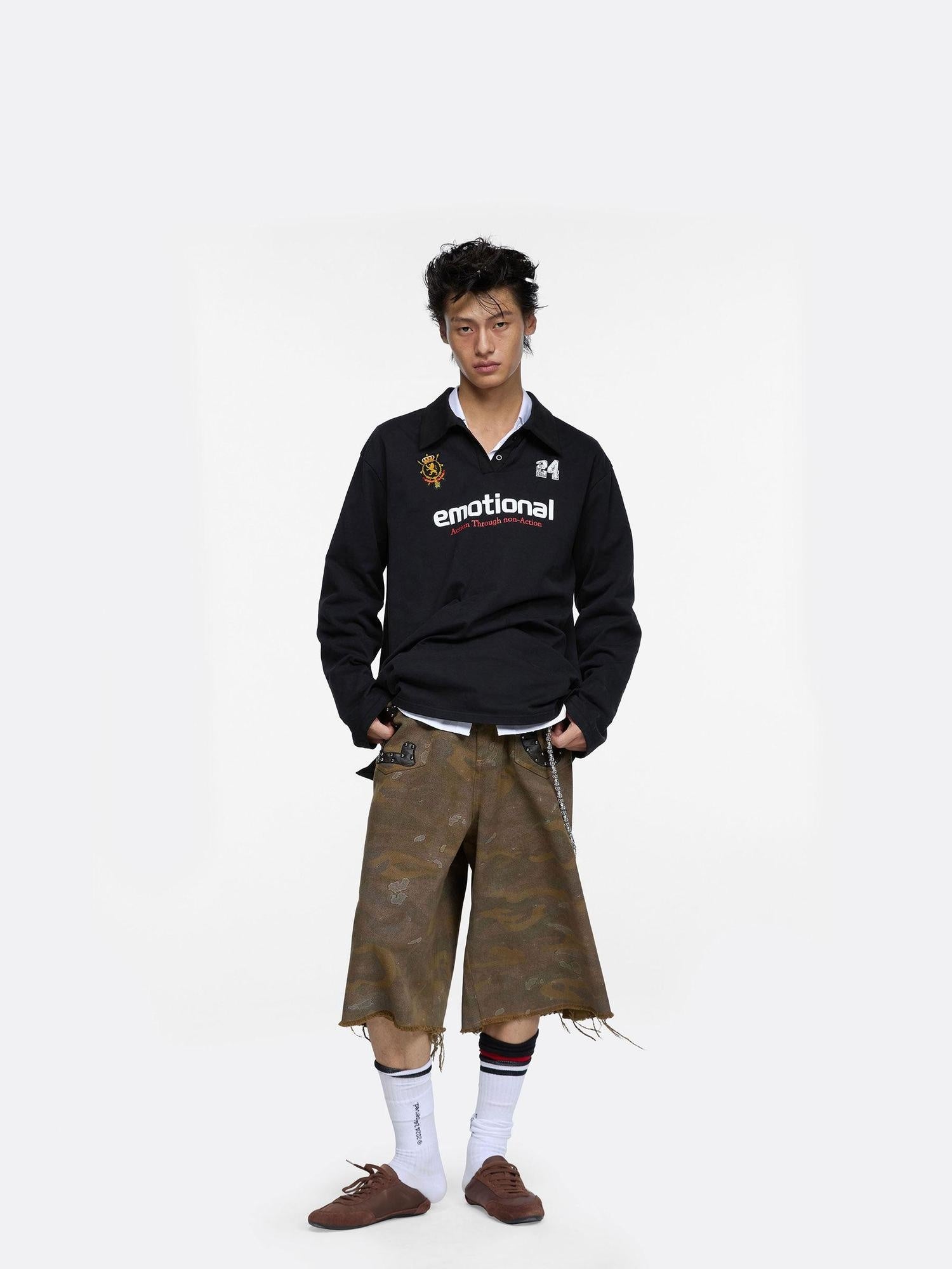 24ans Moisture Wicking Cotton Loose Punk Polo Long Sleeve Unisex Black T-Shirt