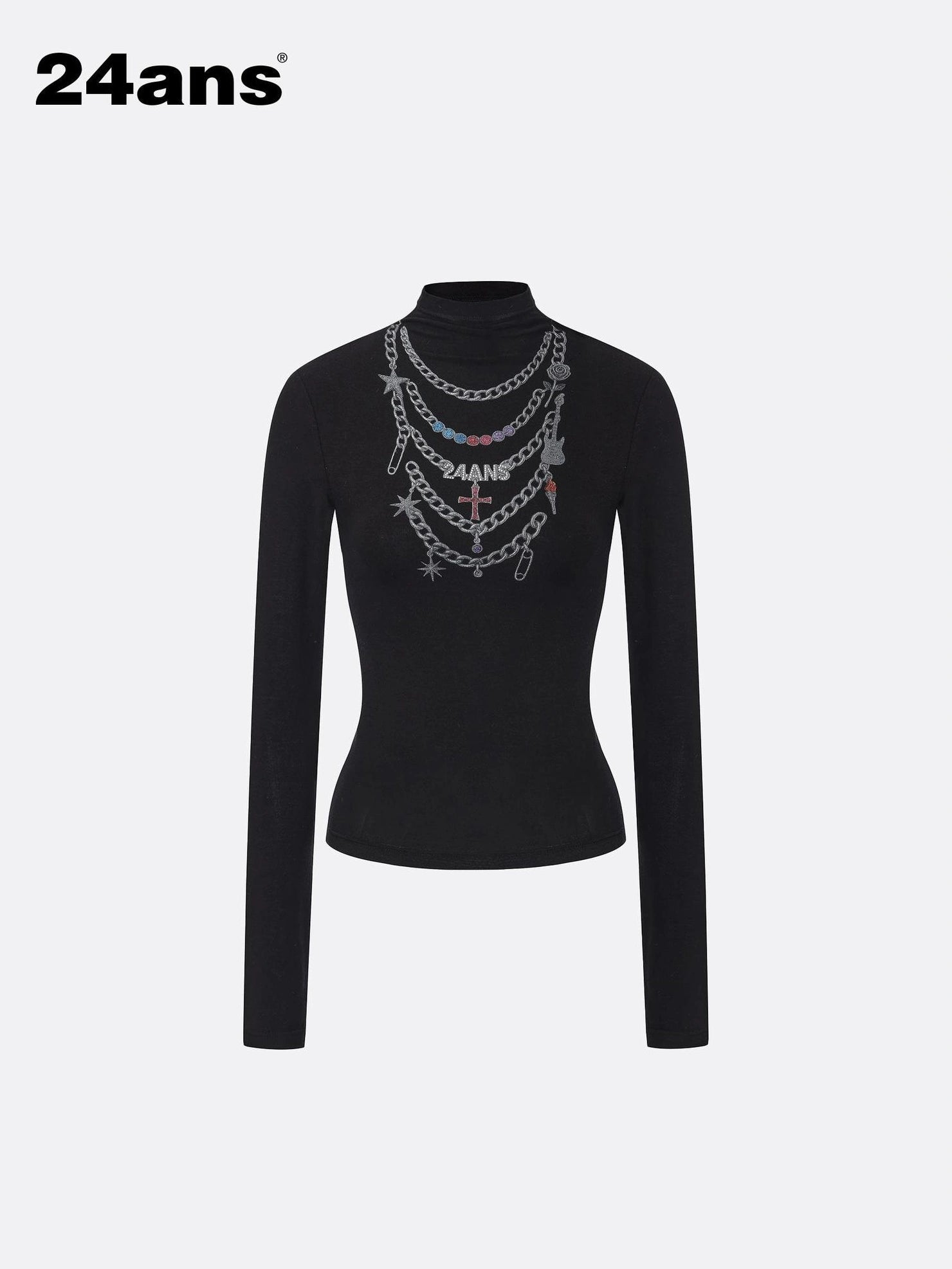 24ans Necklace Print High Neck Long Sleeve Top T-shirt