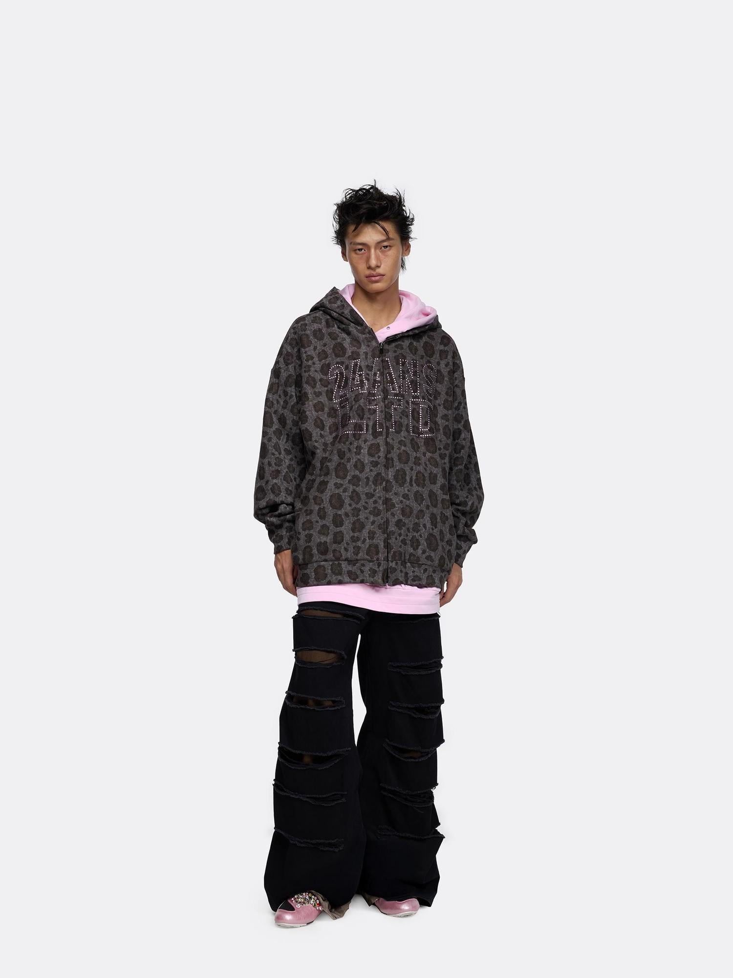 24ans Oversize Zip Up Hoodie With Leopard Camo Rhinestone