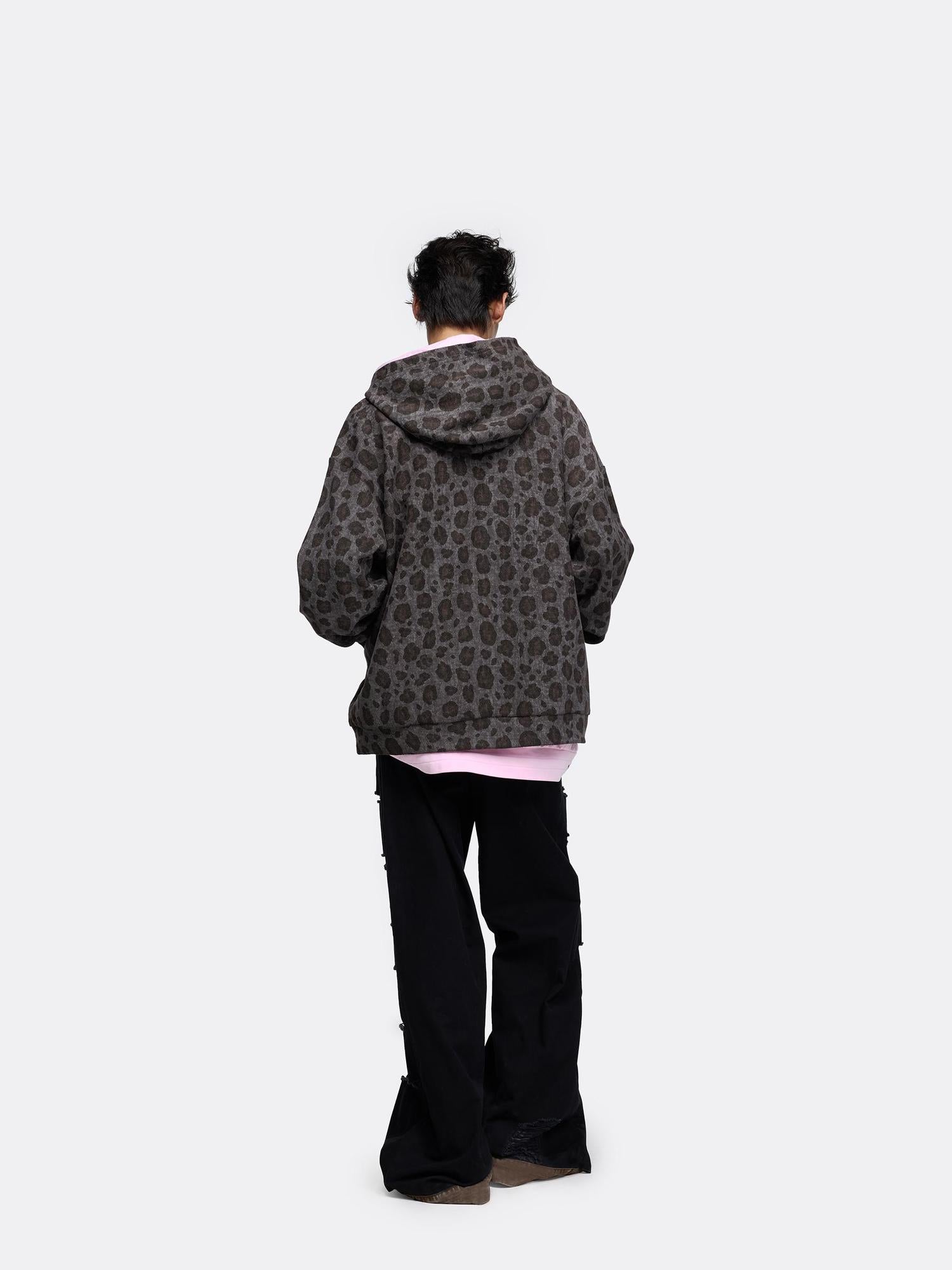 24ans Oversize Zip Up Hoodie With Leopard Camo Rhinestone