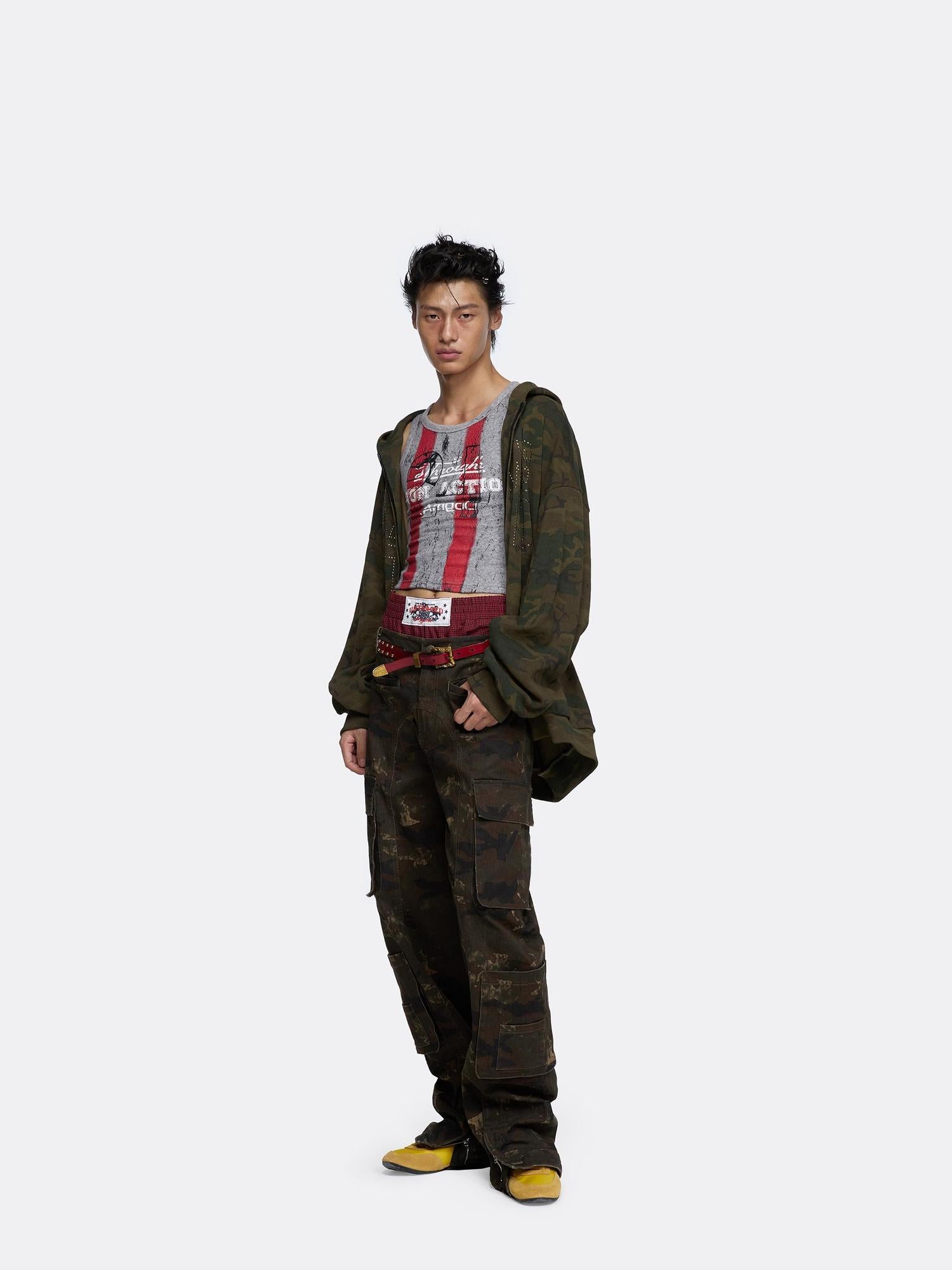 24ans Oversize Zip Up Hoodie With Leopard Camo Rhinestone