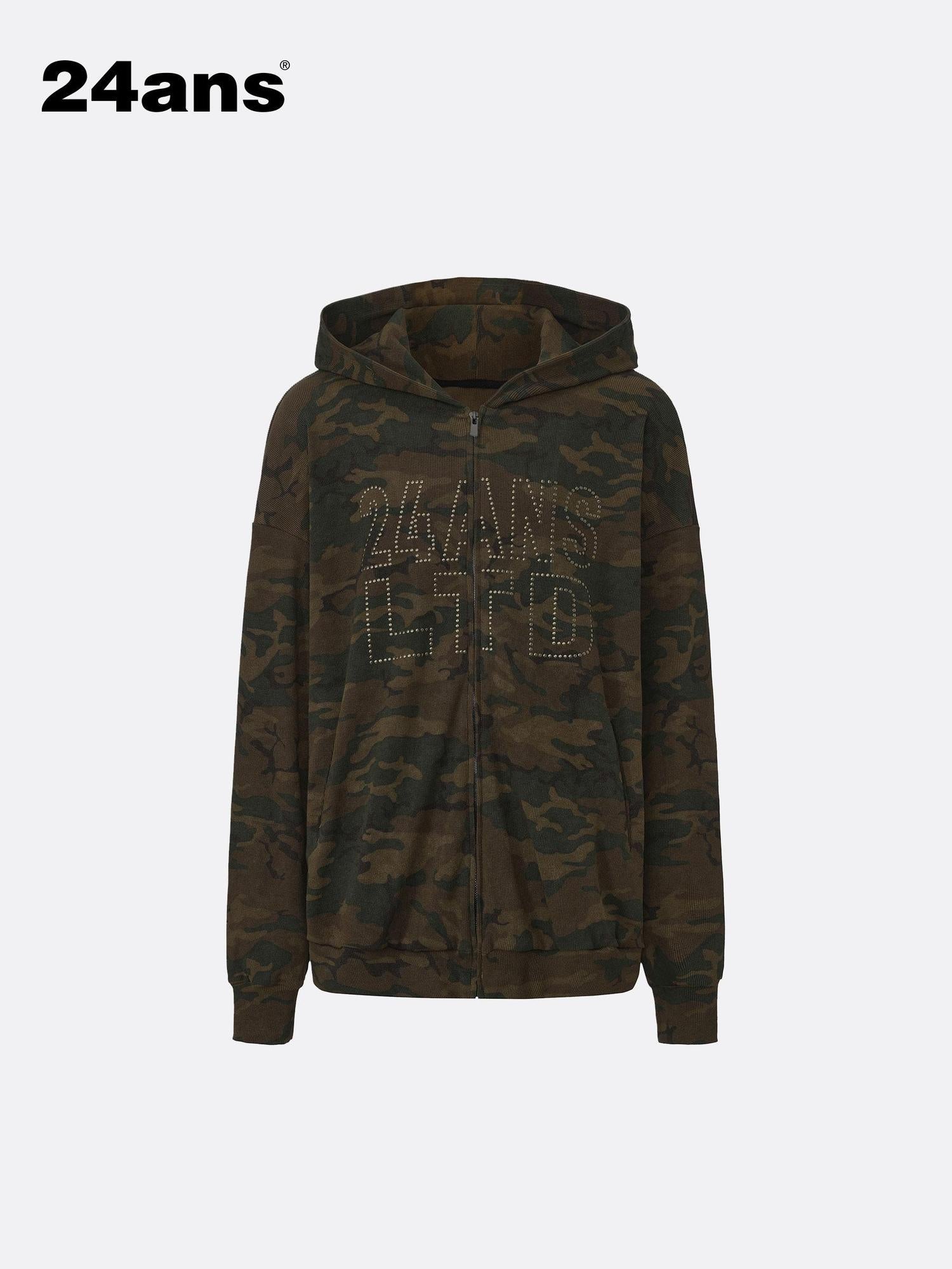 24ans Oversize Zip Up Hoodie With Leopard Camo Rhinestone