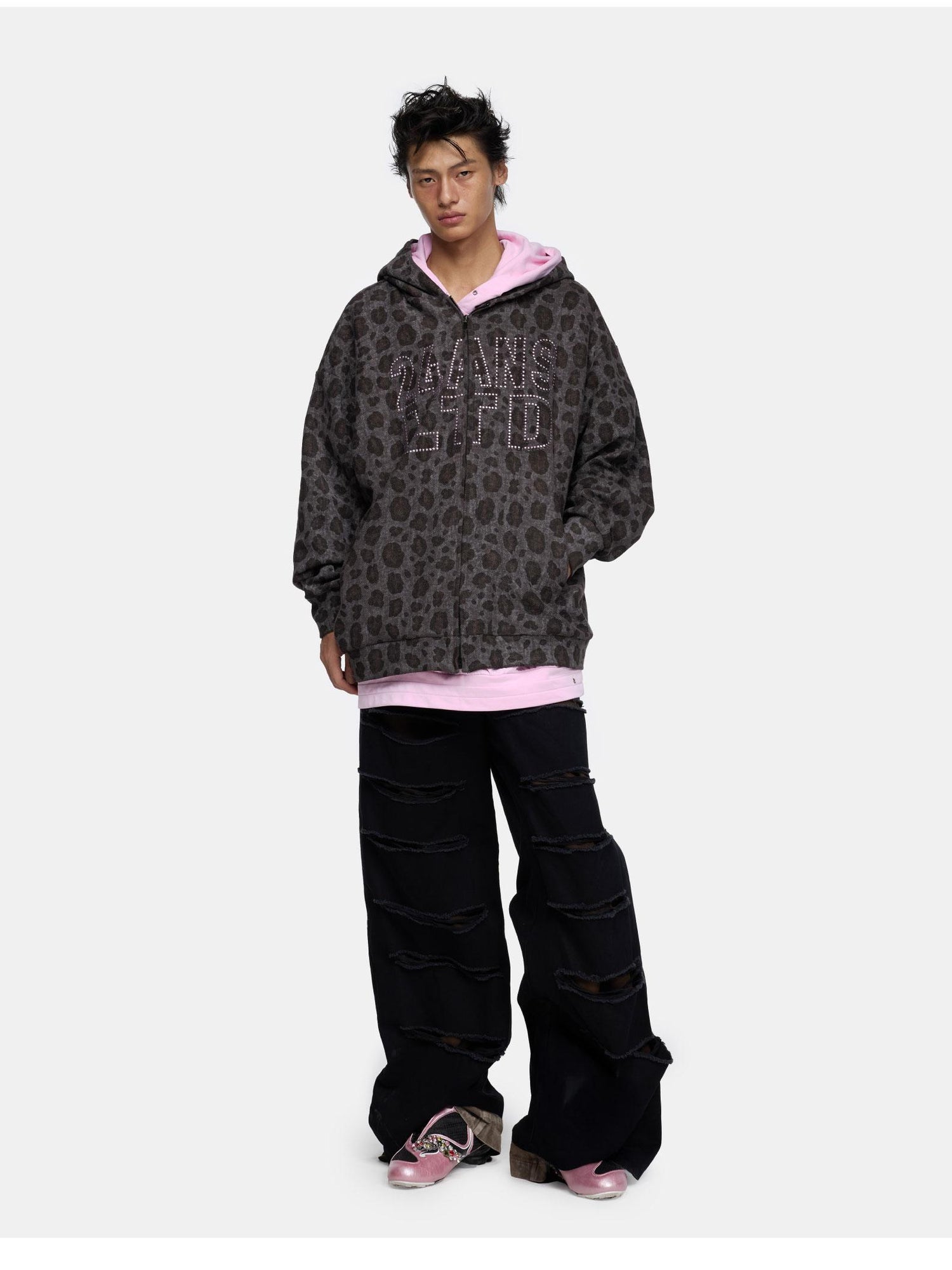 24ans Oversize Zip Up Hoodie With Leopard Camo Rhinestone