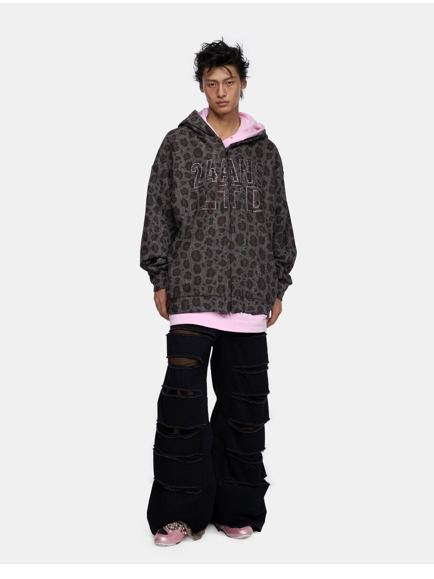 24ans Oversize Zip Up Hoodie With Leopard Camo Rhinestone