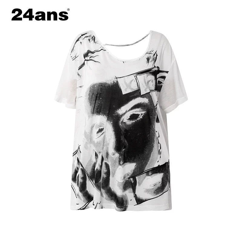 24ans Oversized Backless Chain Print T-Shirt In Tencel Blend MISSTT