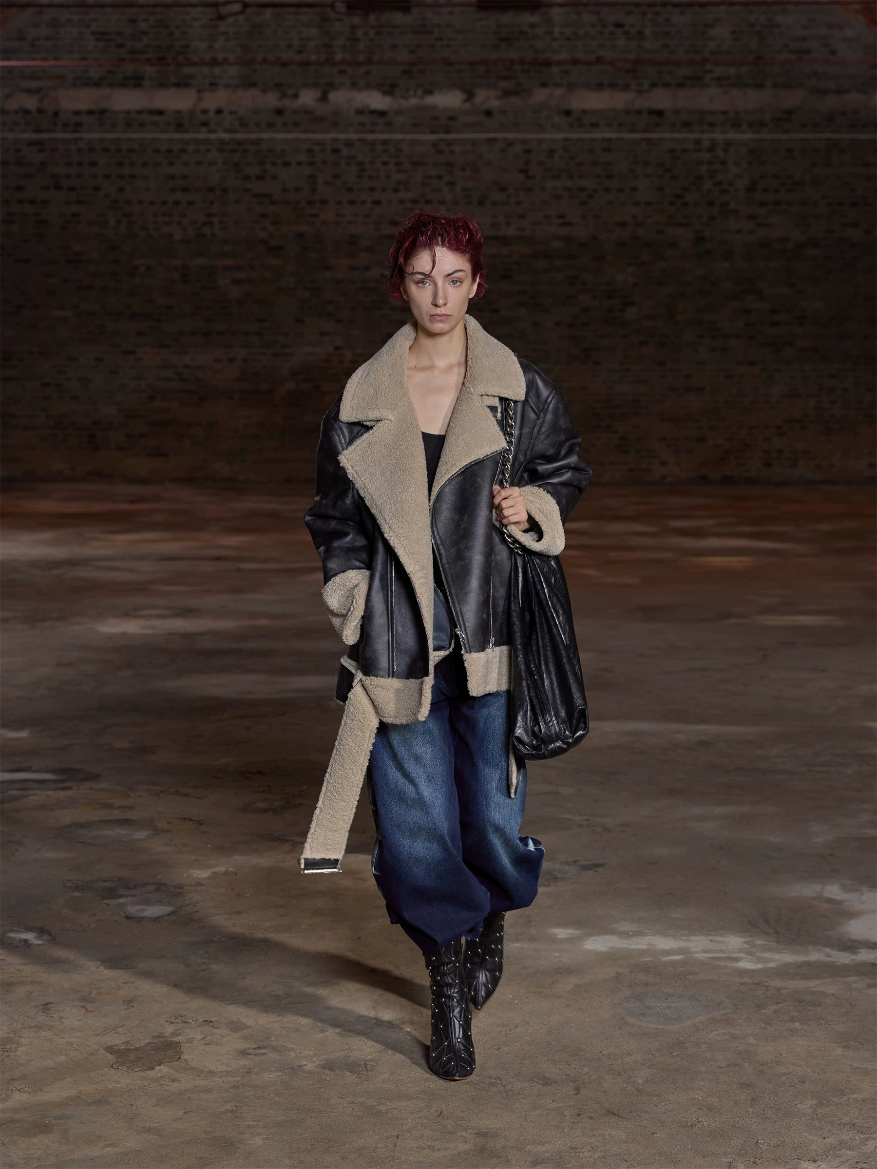 24ans Oversized Faux Shearling Collar Unisex Leather Jacket-1
