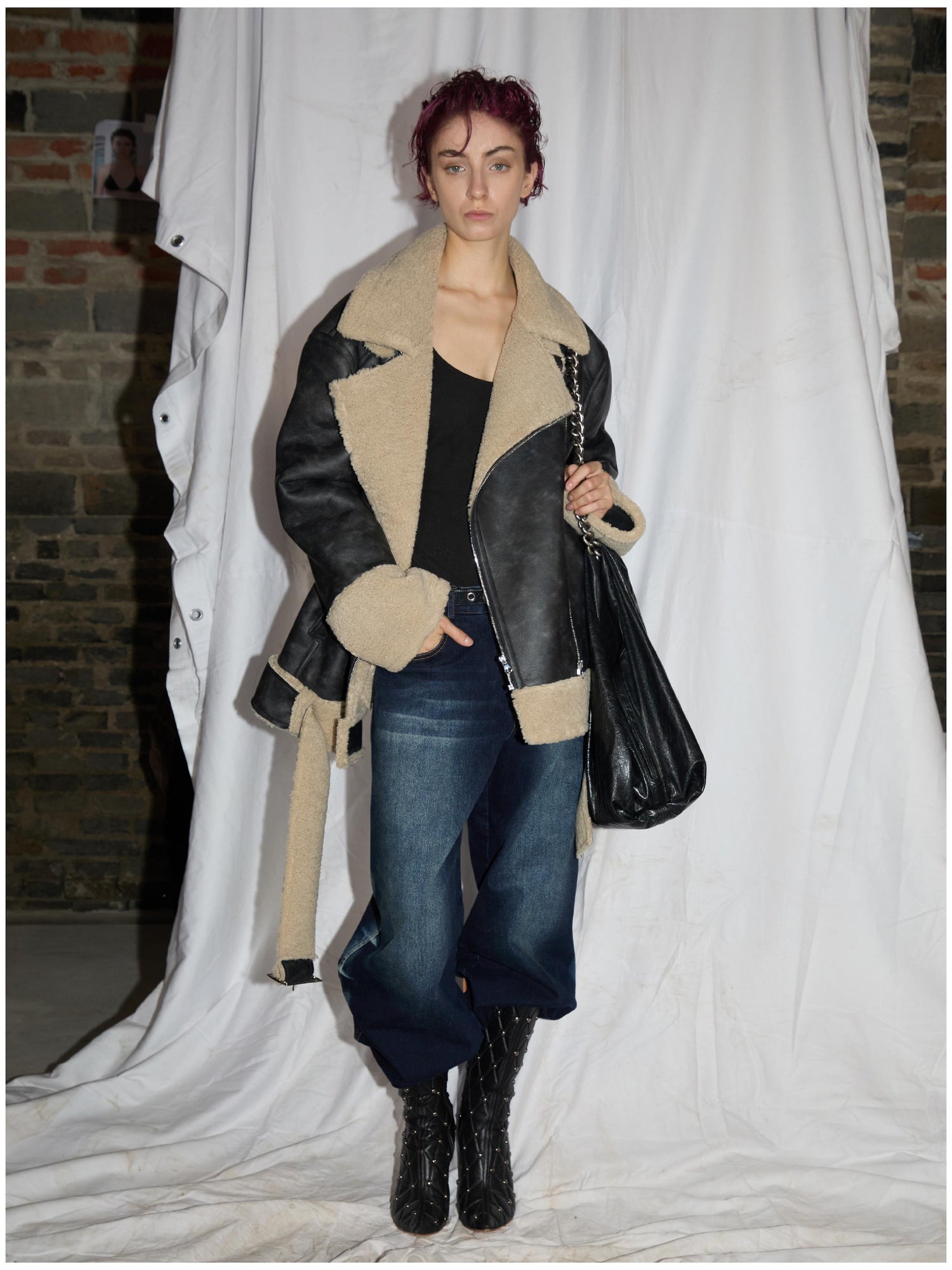 24ans Oversized Faux Shearling Collar Unisex Leather Jacket