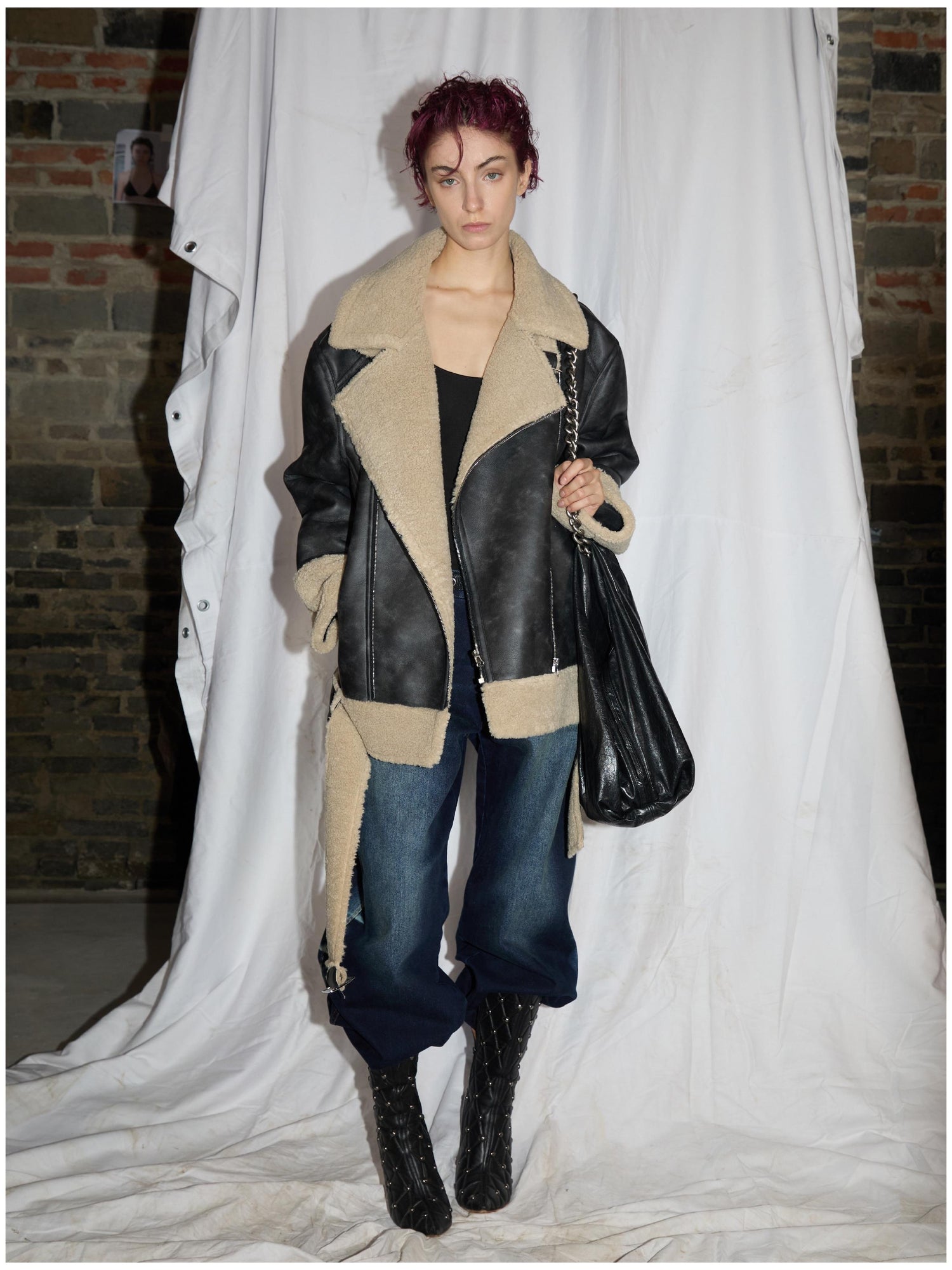 24ans Oversized Faux Shearling Collar Unisex Leather Jacket