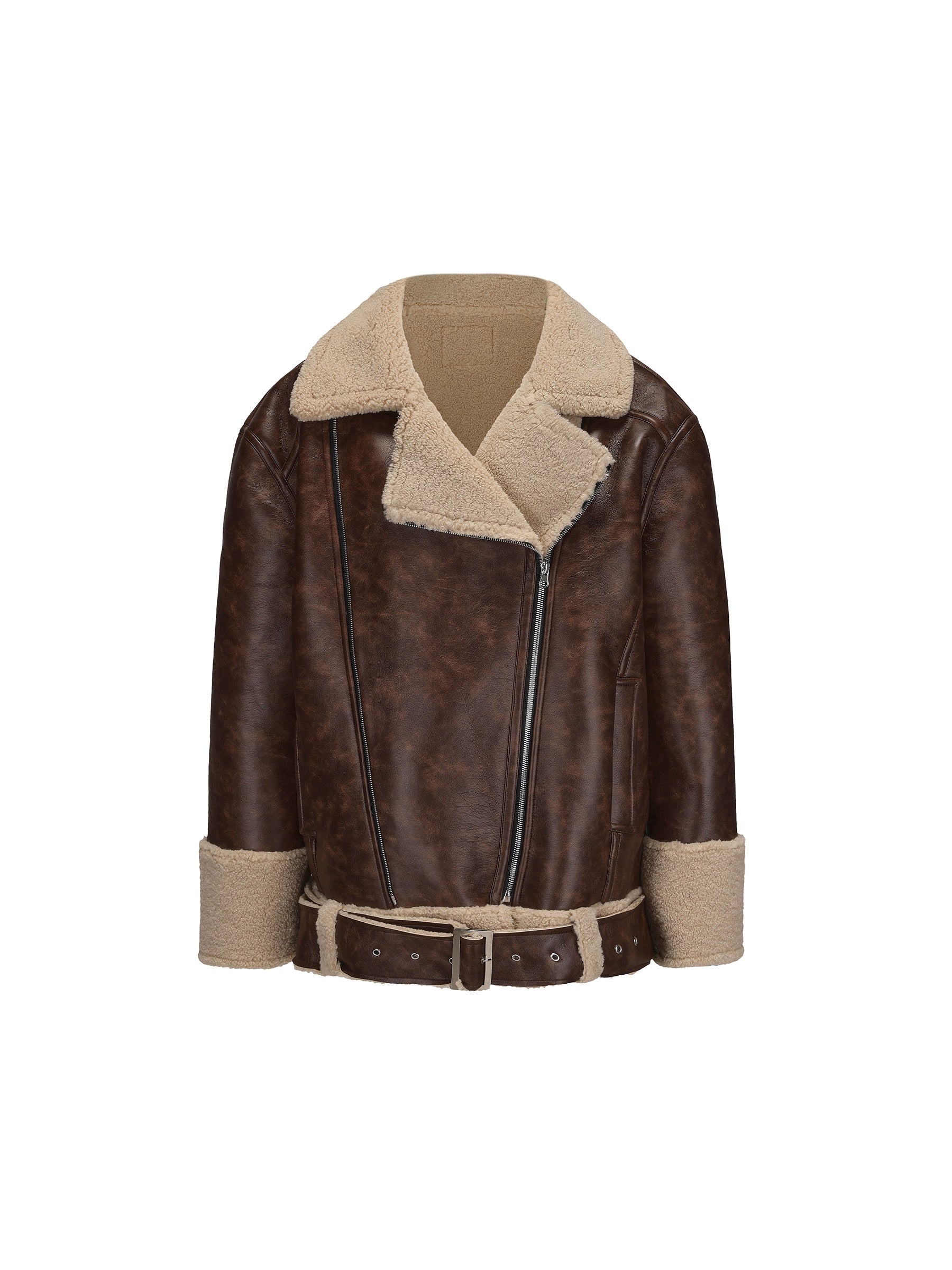 24ans Oversized Faux Shearling Collar Unisex Leather Jacket MISSTT