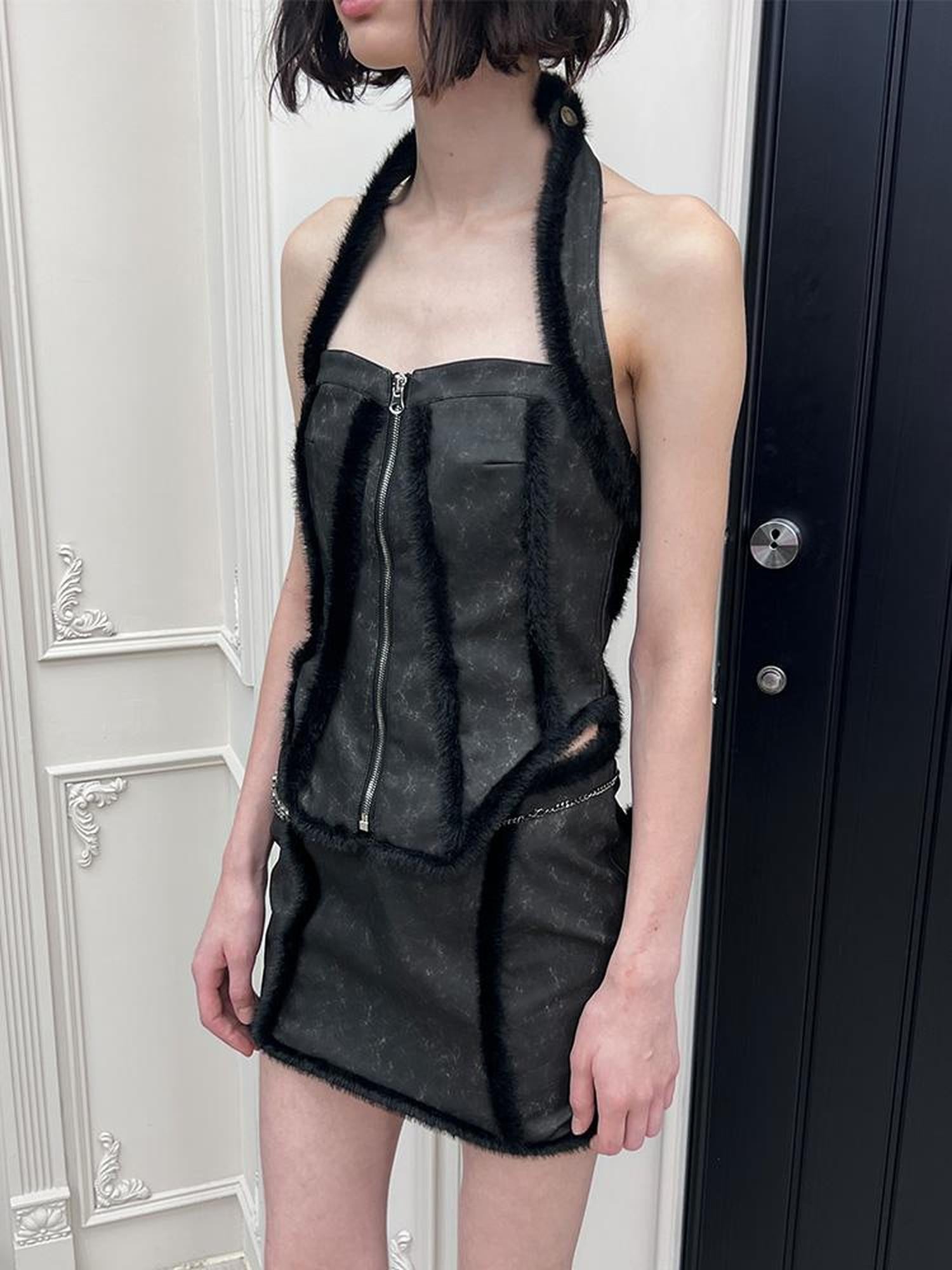 24ans PU Blend Cut Out Halter Top and Skirt Set