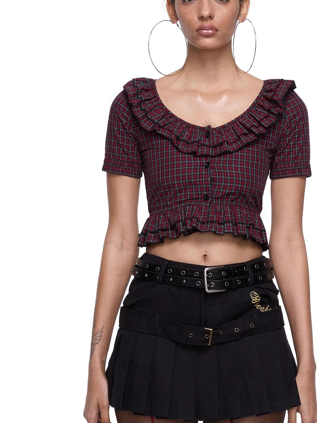 Plaid Lace Short Sleeve Crop Shirt Shirts