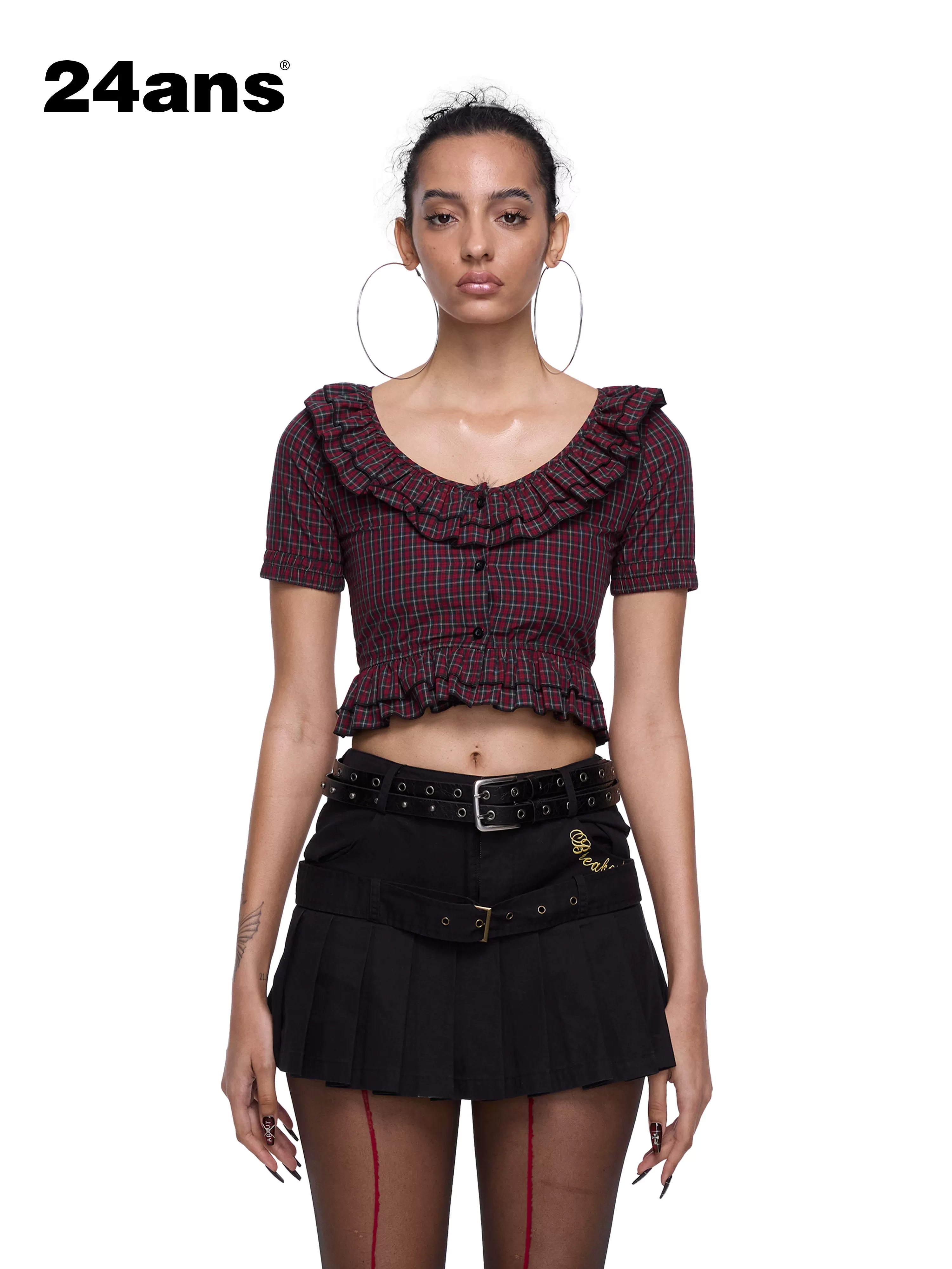 24ans Plaid Lace Short Sleeve Crop Shirt Shirts-1