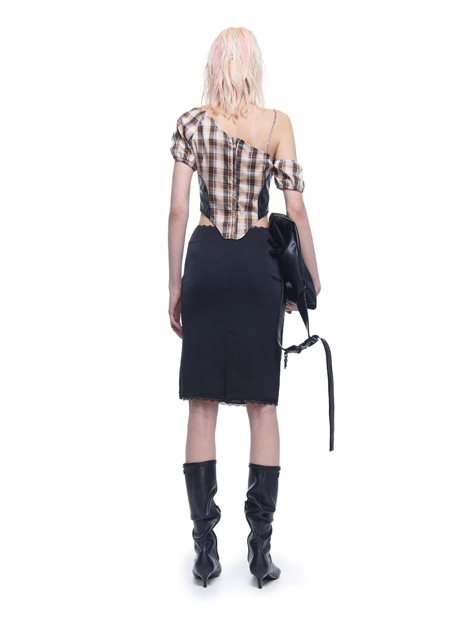 24ans Plaid Polyester Satin Skirt Set V-neck T-shirt Long-Sleeve