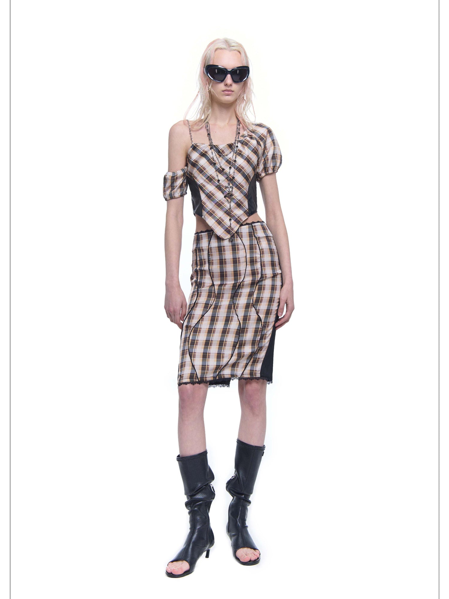 24ans Plaid Polyester Satin Skirt Set V-neck T-shirt Long-Sleeve