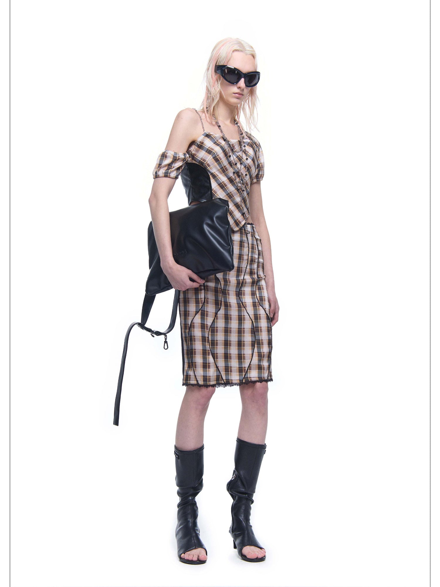 24ans Plaid Polyester Satin Skirt Set V-neck T-shirt Long-Sleeve