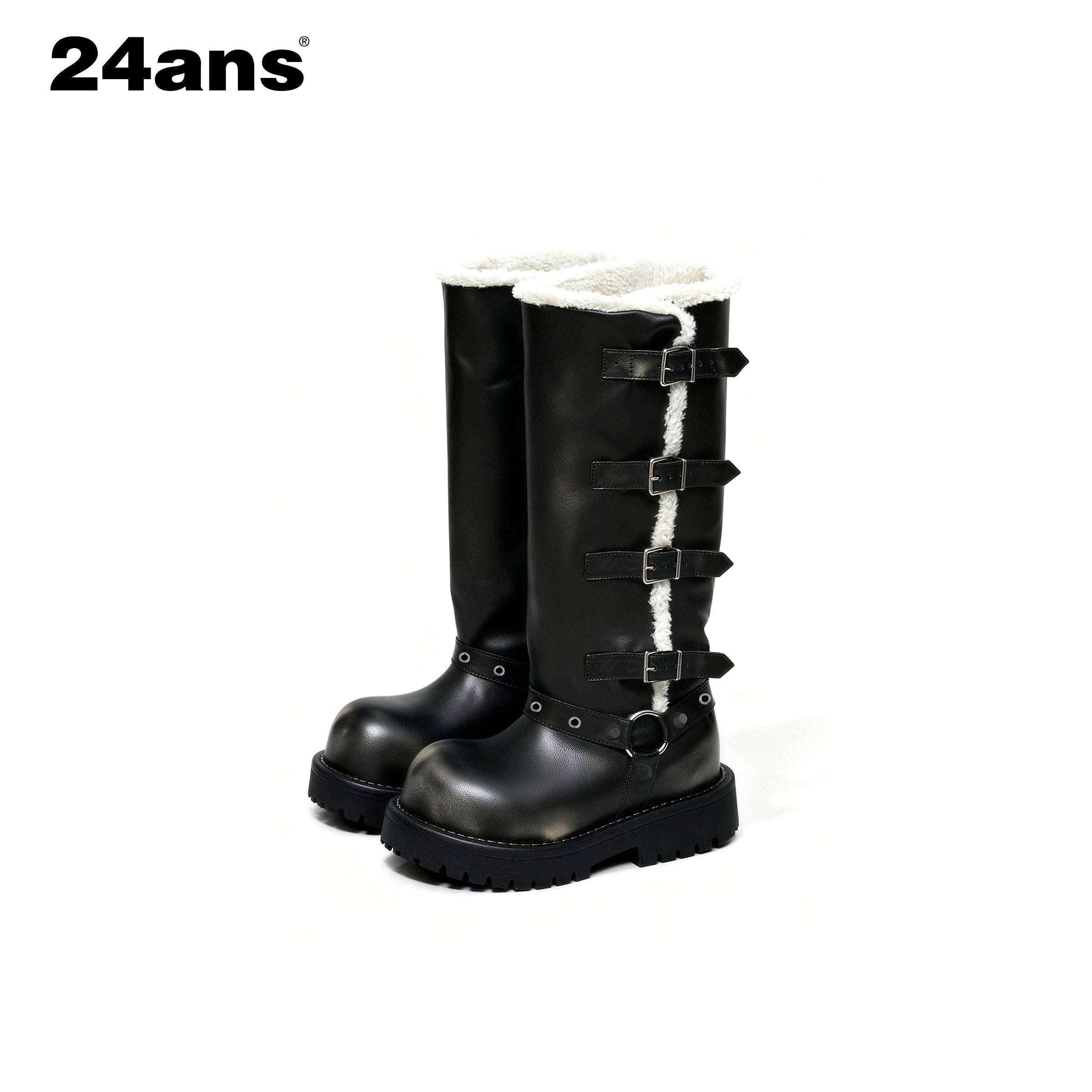 24ans_Plush_Lined_Suede_Mid_Heel_Tall_Belt_Buckle_Fashion_Women_Black_Khaki_Boots_MISSTT