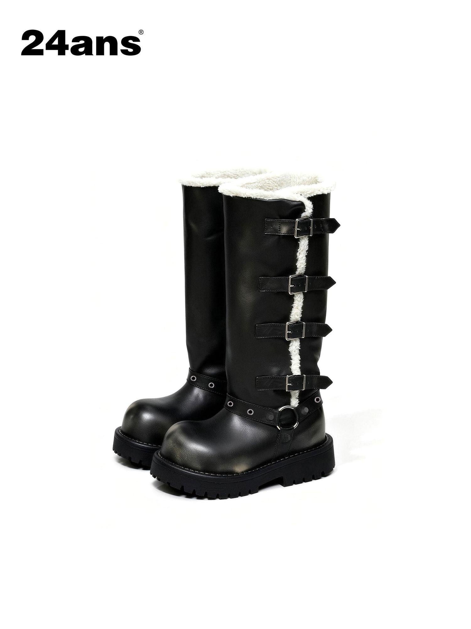 24ans Plush Lined Suede Mid Heel Tall Belt Buckle Fashion Women Black Khaki Boots