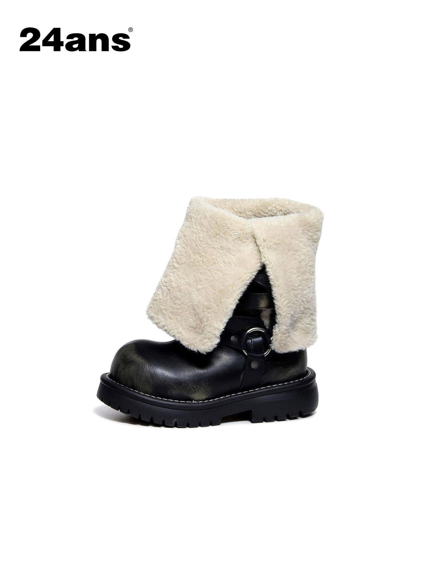 24ans Plush Lined Suede Mid Heel Tall Belt Buckle Fashion Women Black Khaki Boots