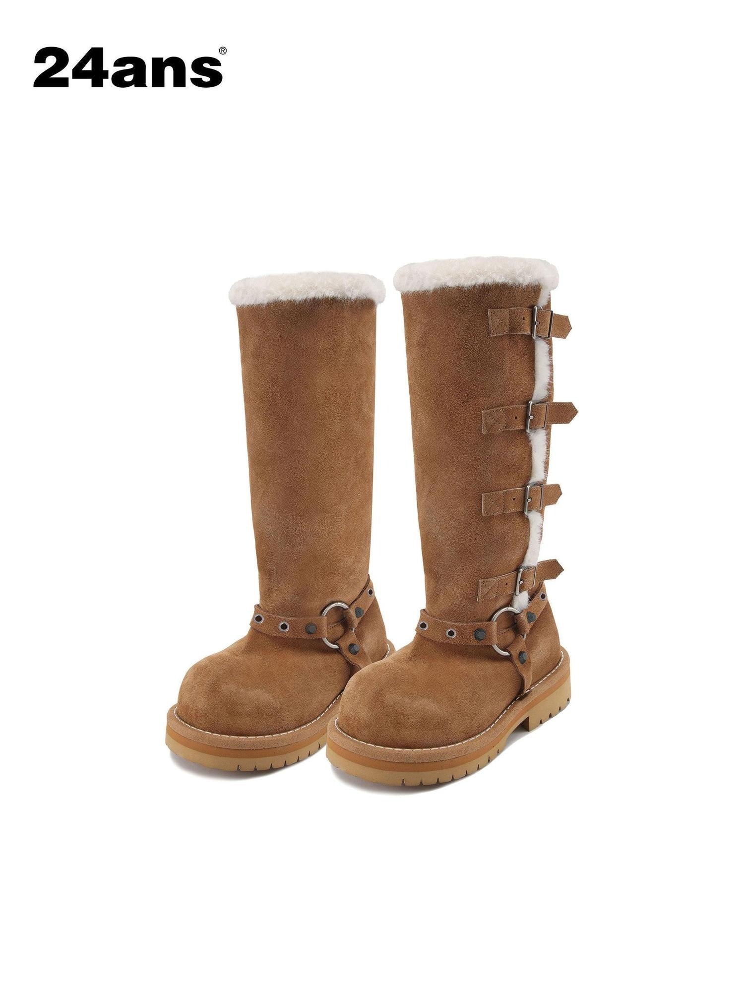 24ans Plush Lined Suede Mid Heel Tall Belt Buckle Fashion Women Black Khaki Boots