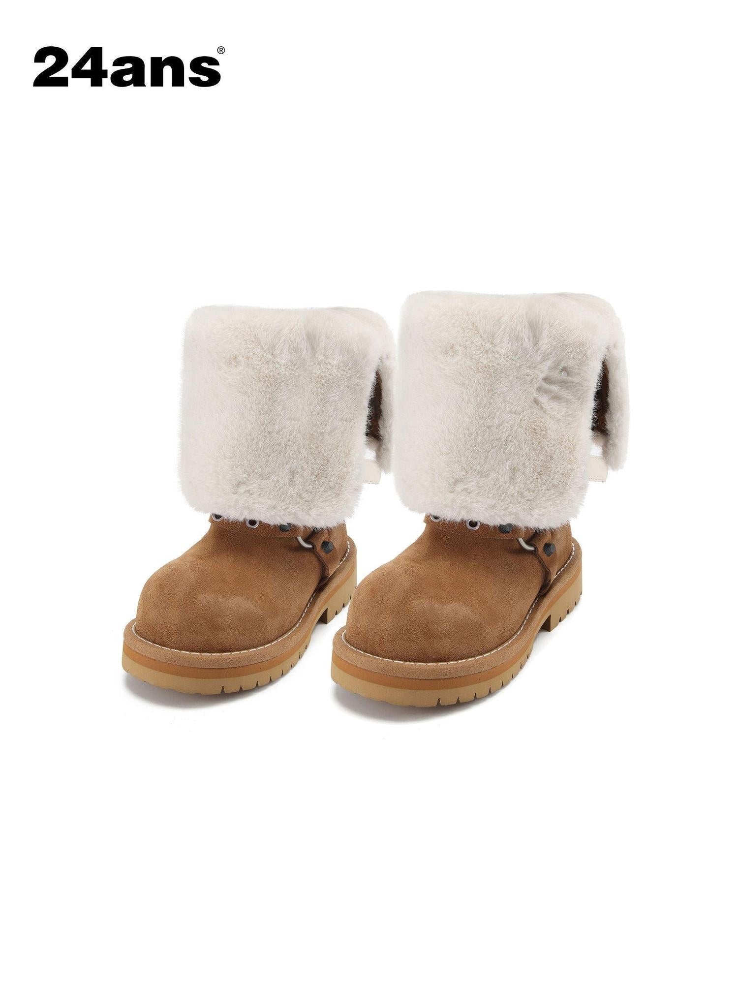24ans Plush Lined Suede Mid Heel Tall Belt Buckle Fashion Women Black Khaki Boots