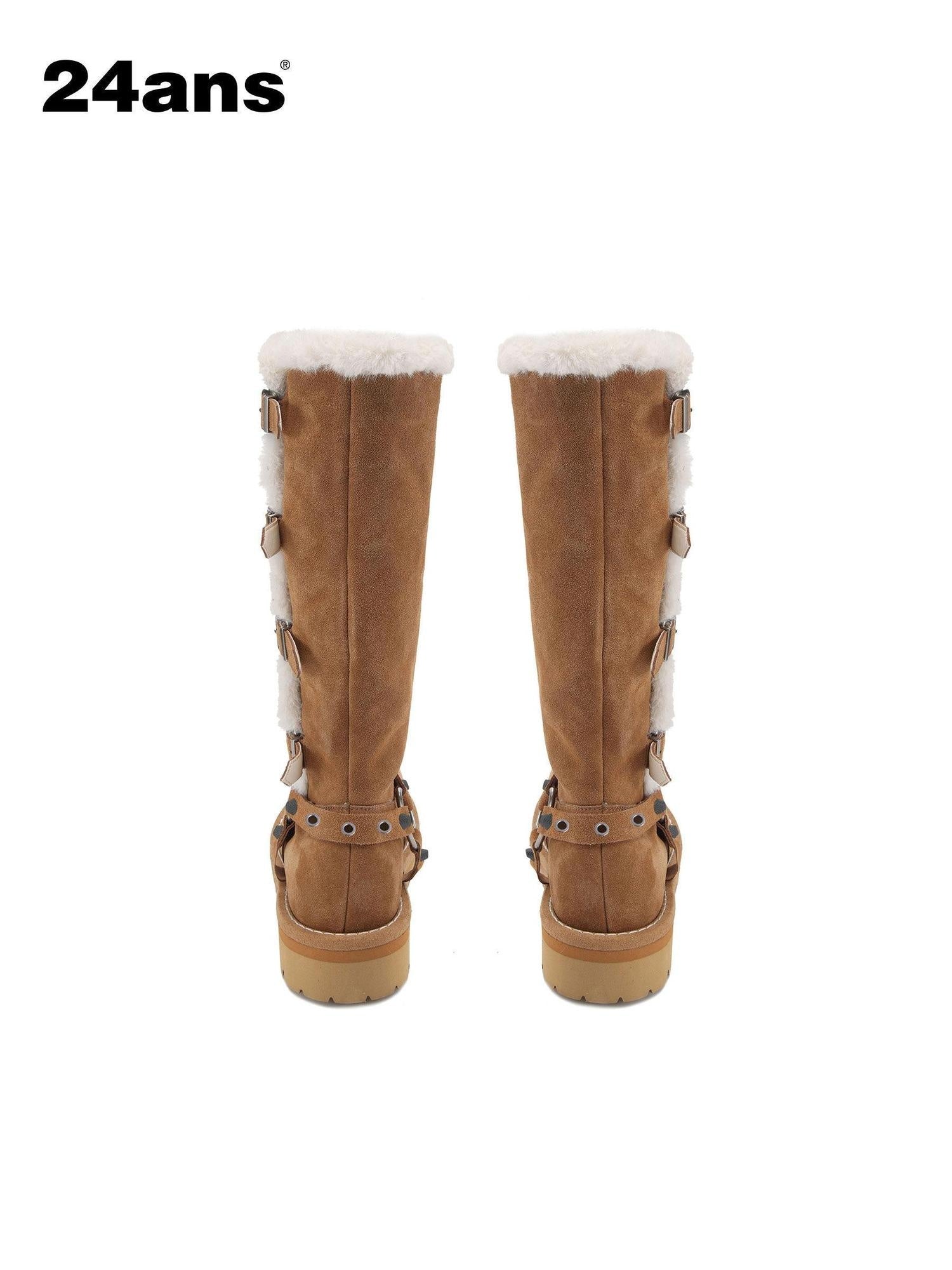 24ans Plush Lined Suede Mid Heel Tall Belt Buckle Fashion Women Black Khaki Boots