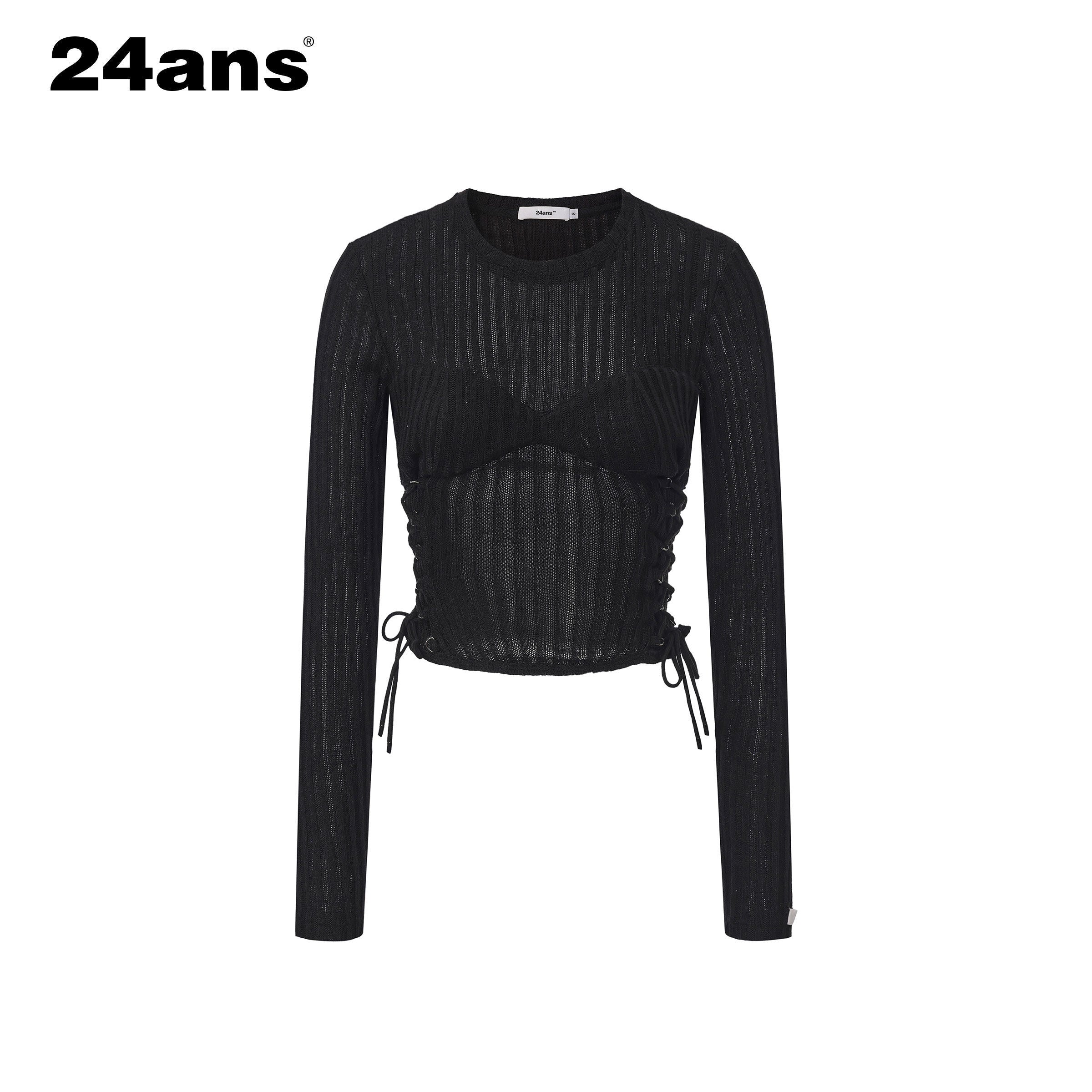 24ans_Poly_Cotton_Blend_Slim_Cropped_Tie_Cutout_Long_Sleeve_Letter_Round_Neck_T-Shirt_MISSTT