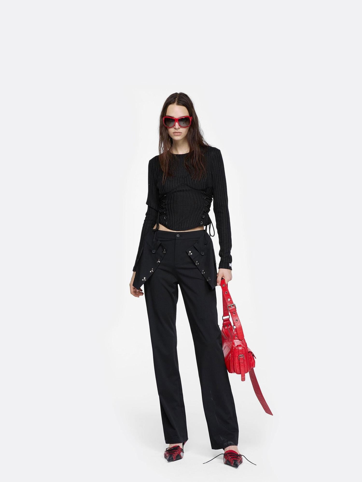 24ans Poly Cotton Blend Slim Cropped Tie Cutout Long Sleeve Letter Round Neck T-Shirt