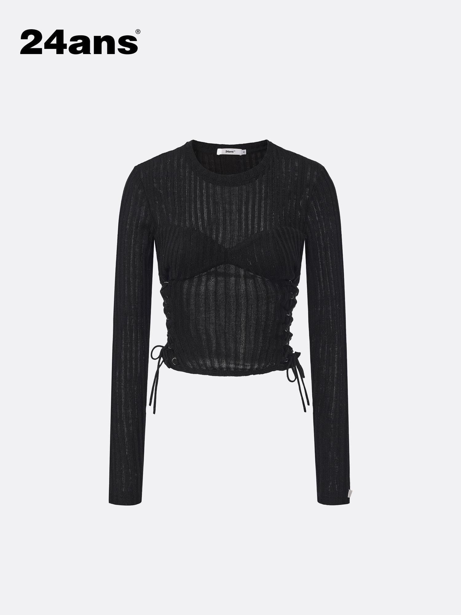 24ans Poly Cotton Blend Slim Cropped Tie Cutout Long Sleeve Letter Round Neck T-Shirt