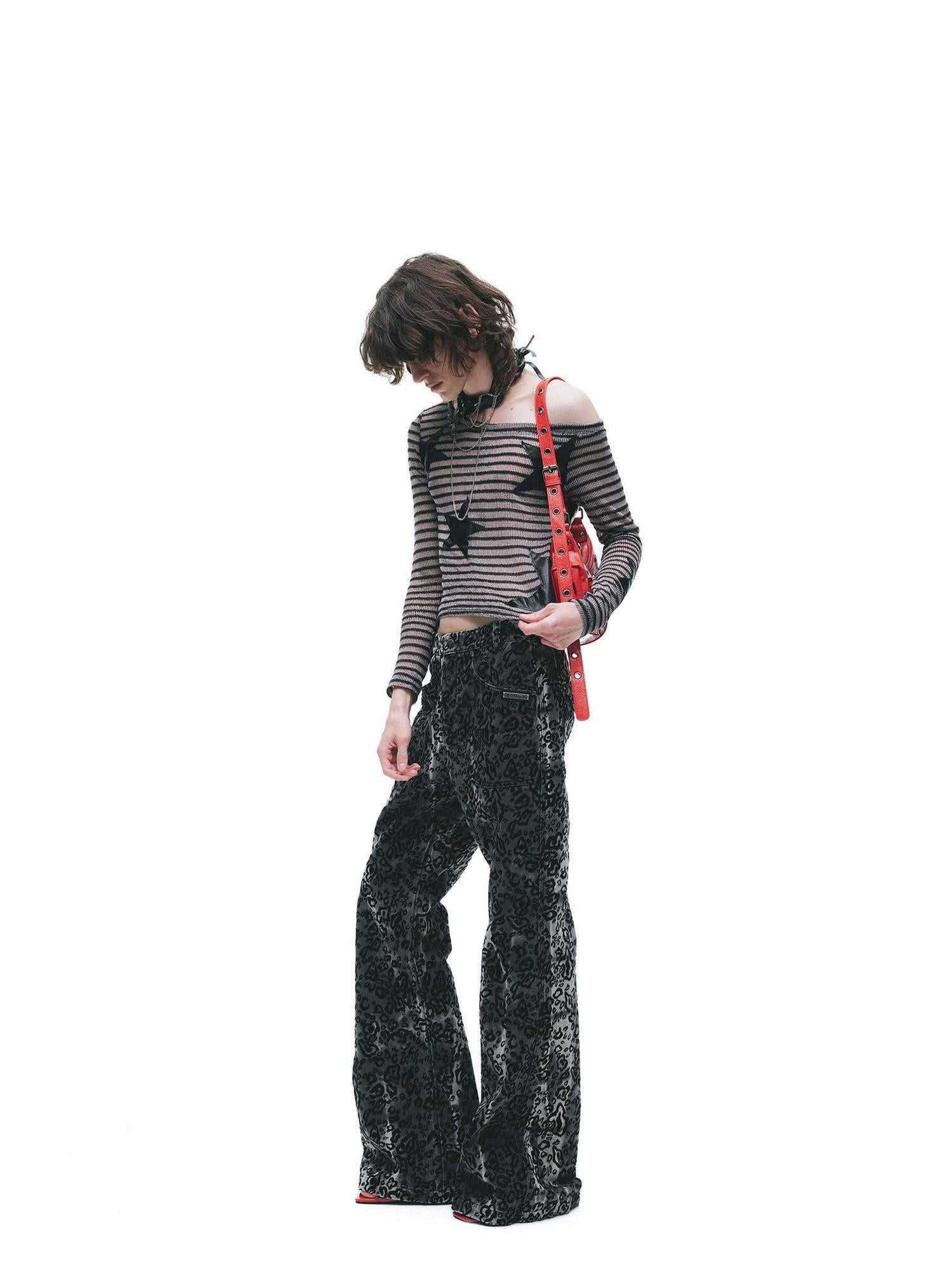 24ans Poly Cotton Star Patch Straight Crop Black Grey Stripe Long Sleeve T-Shirts