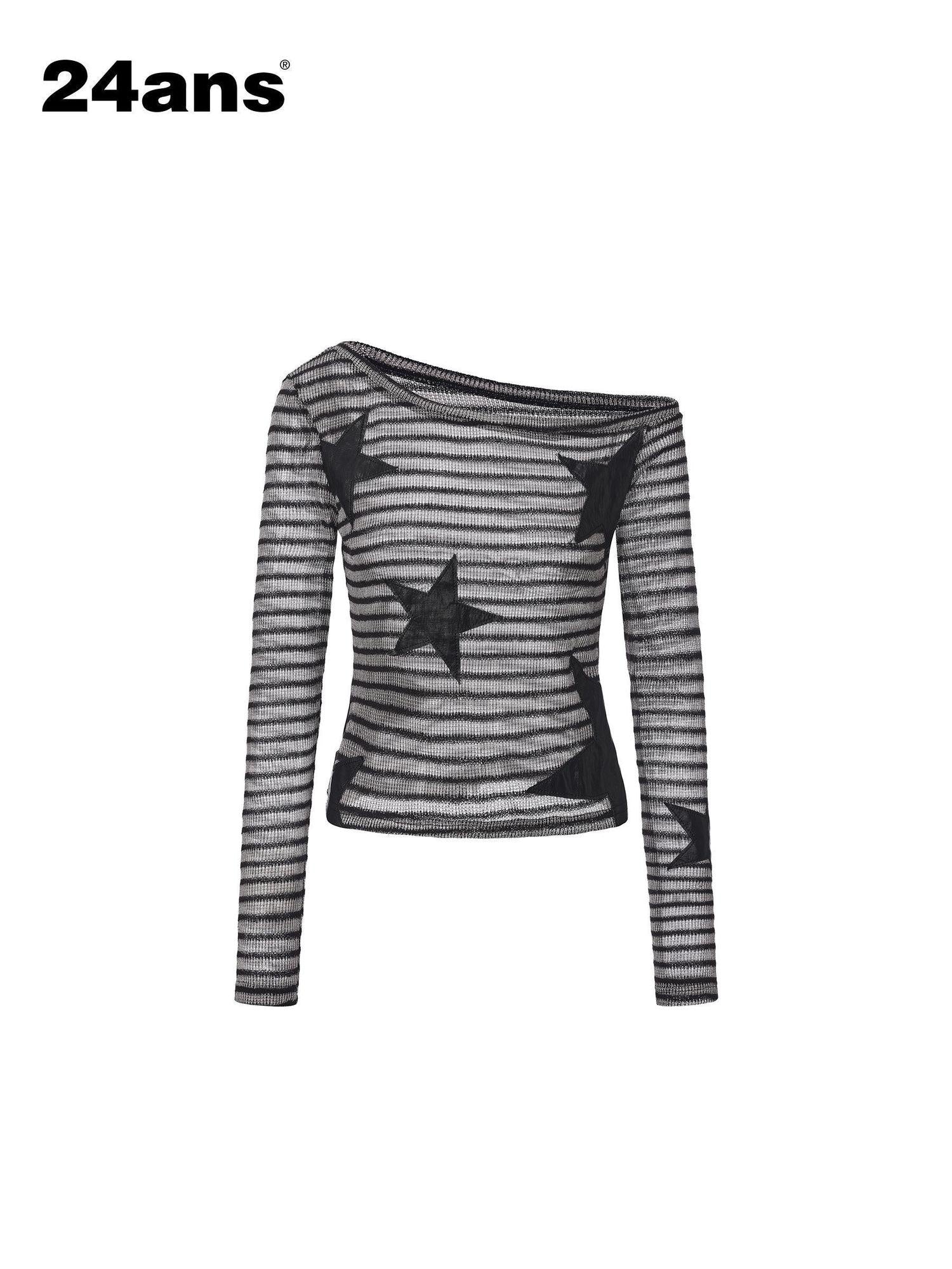 24ans Poly Cotton Star Patch Straight Crop Black Grey Stripe Long Sleeve T-Shirts