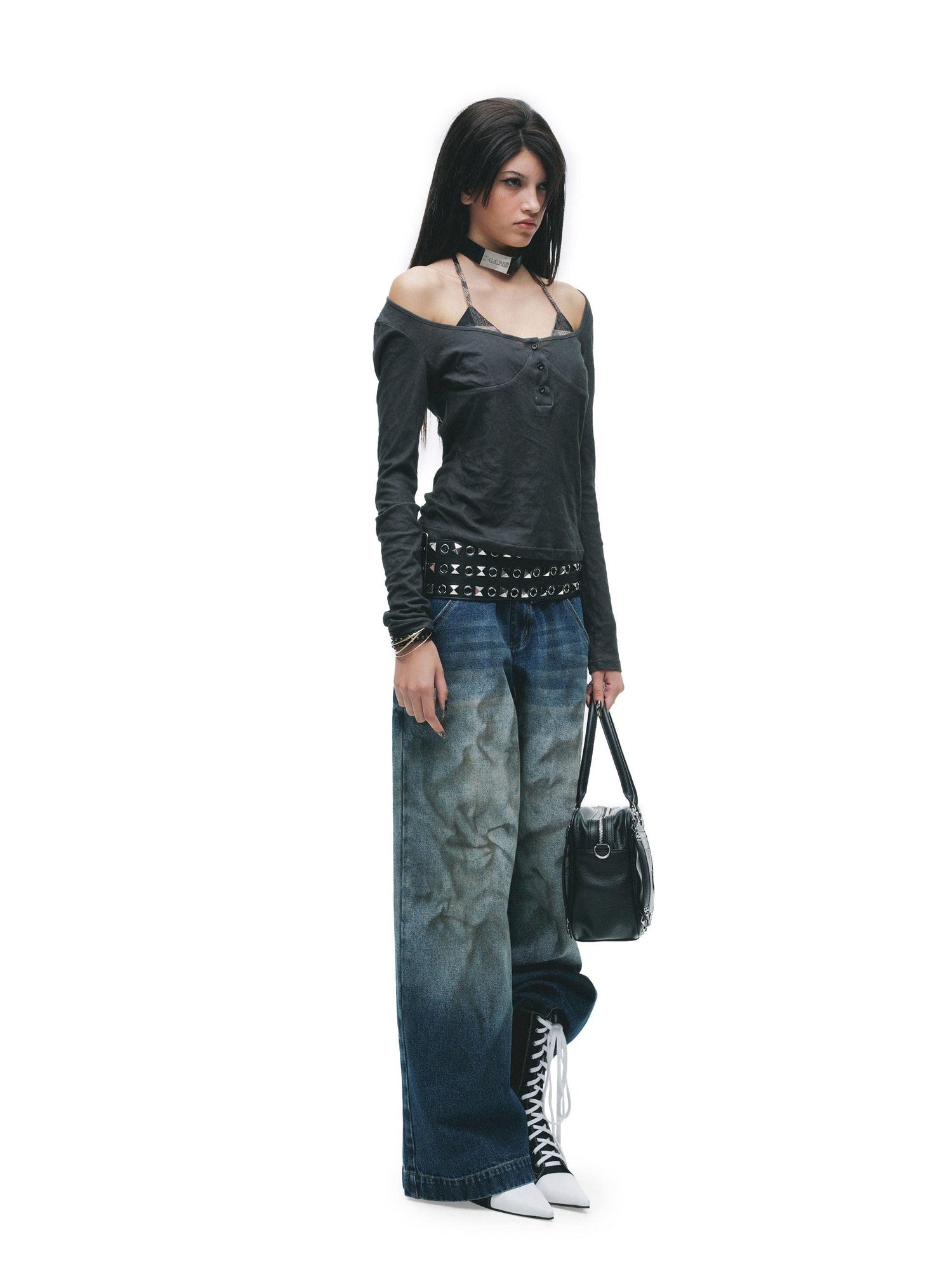 24ans Premium Cotton Punk Mock Layered Oversized Women Patchwork Long Sleeve T-Shirts