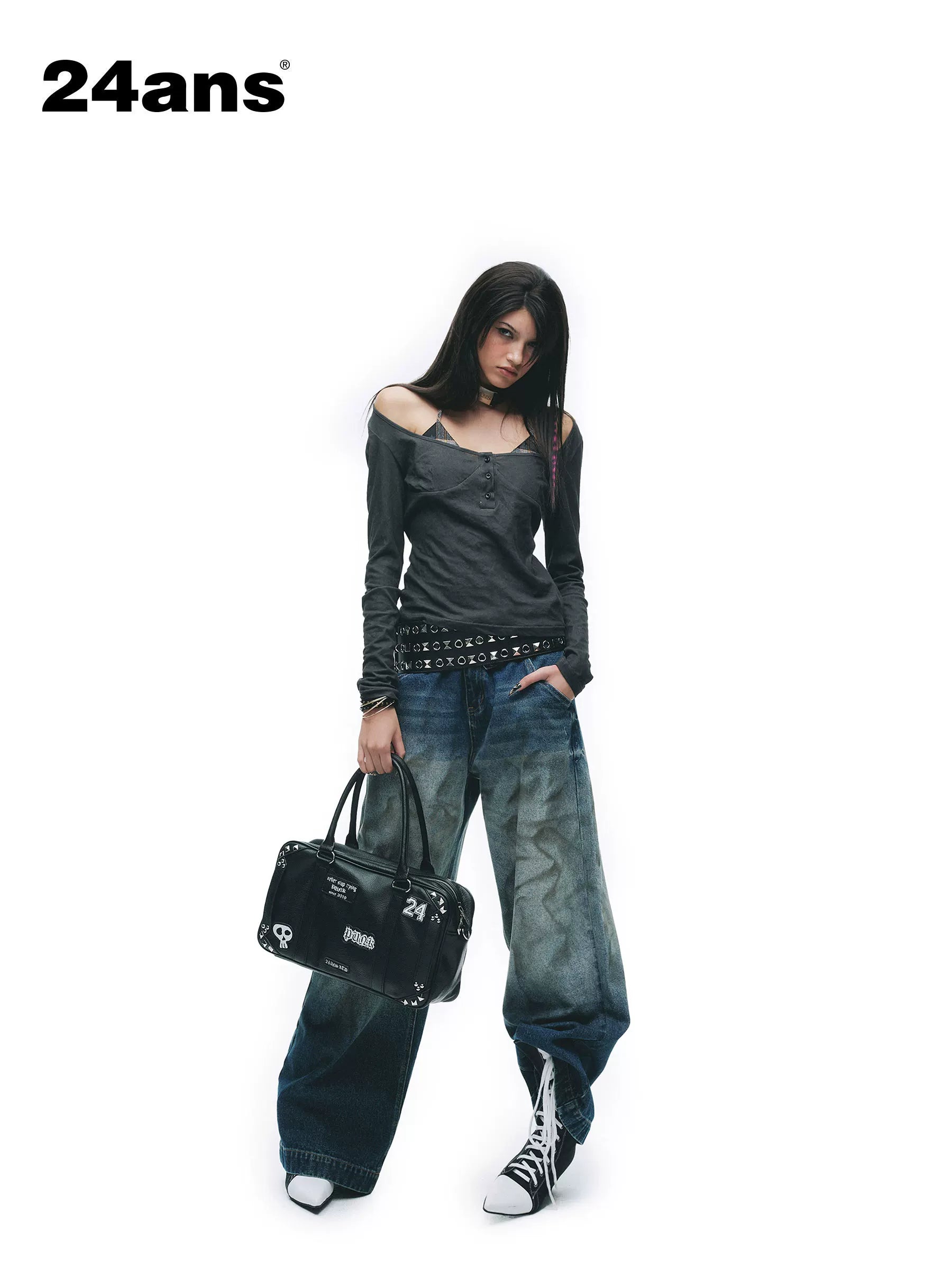 24ans Premium Cotton Punk Mock Layered Oversized Women Patchwork Long Sleeve T-Shirts-1