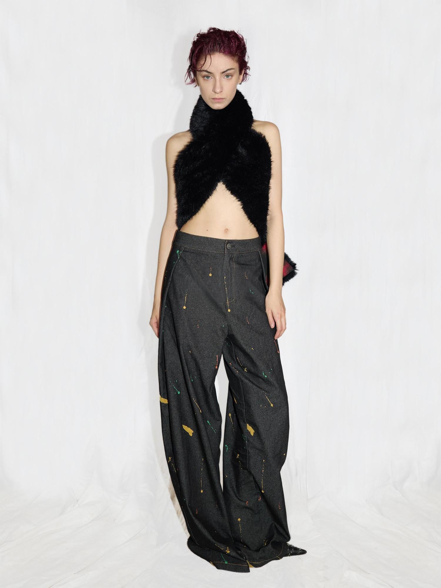 24ans Printed Fold Over Jeans With Splatter Detail