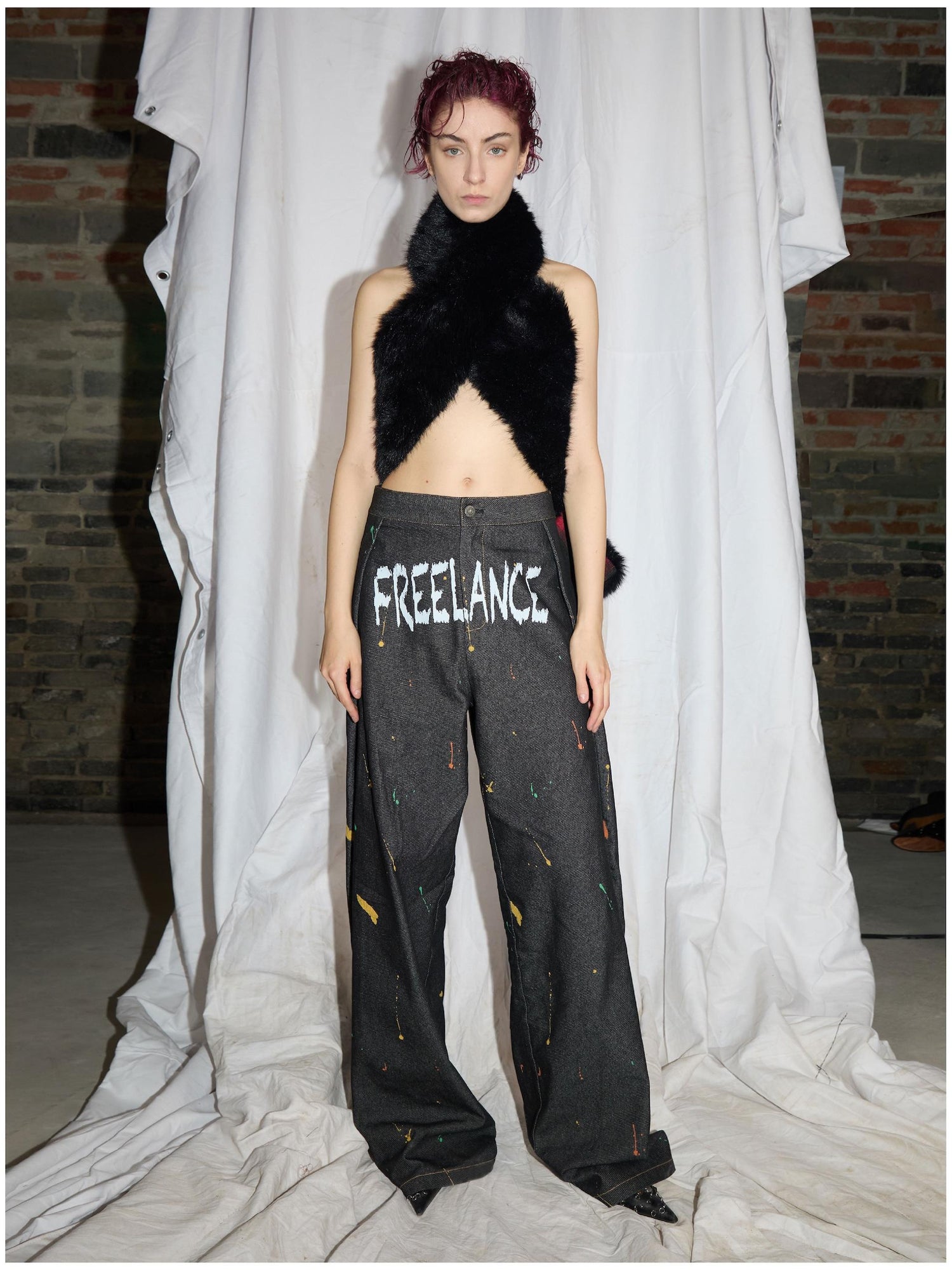 24ans Printed Fold Over Jeans With Splatter Detail