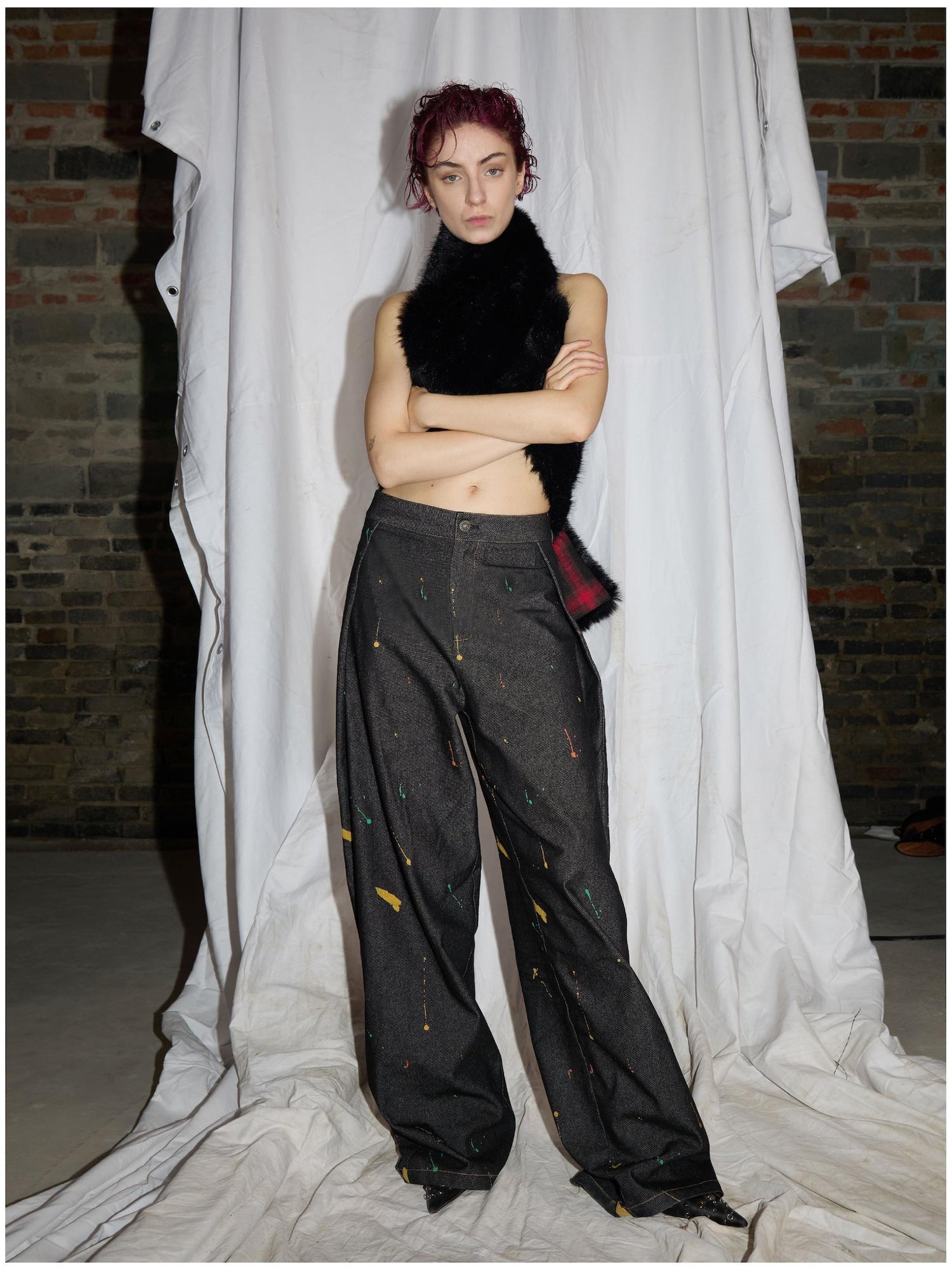 24ans Printed Fold Over Jeans With Splatter Detail
