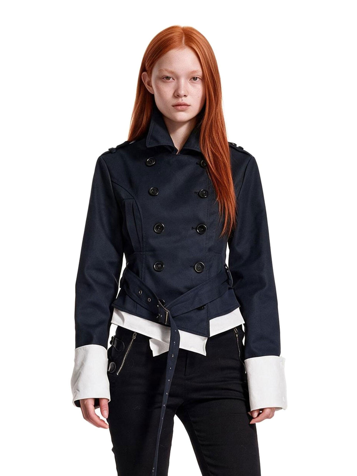 24ans Punk Contrast Trim Faux Layered Double Breasted Cotton Women&