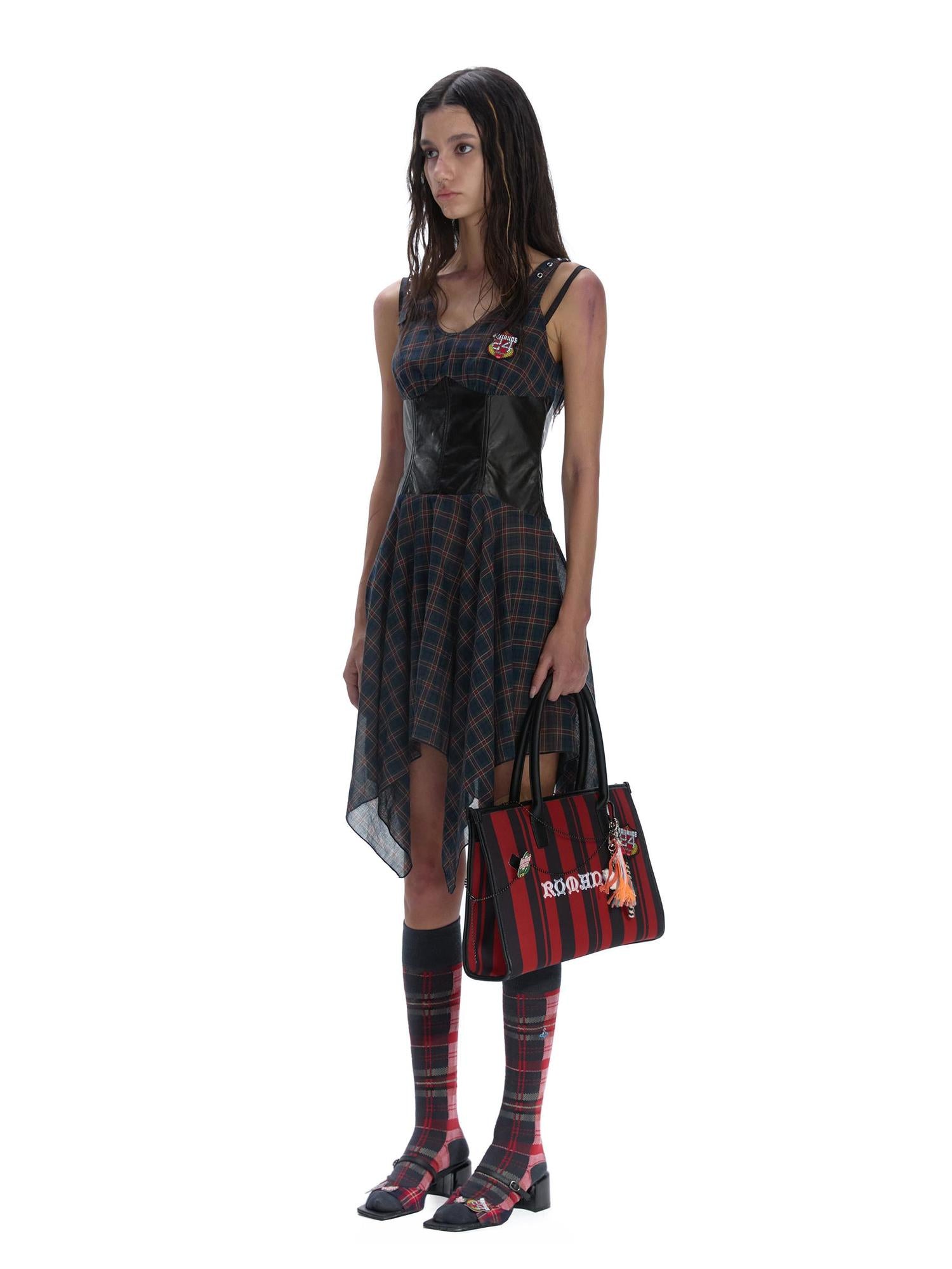 24ans Punk Plaid PU Cotton Asymmetrical Mini Dress V-Neck T-Shirt Long-Sleeve