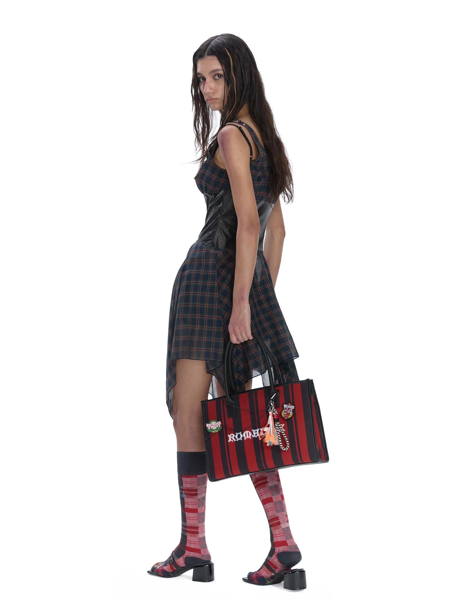 24ans Punk Plaid PU Cotton Asymmetrical Mini Dress V-Neck T-Shirt Long-Sleeve