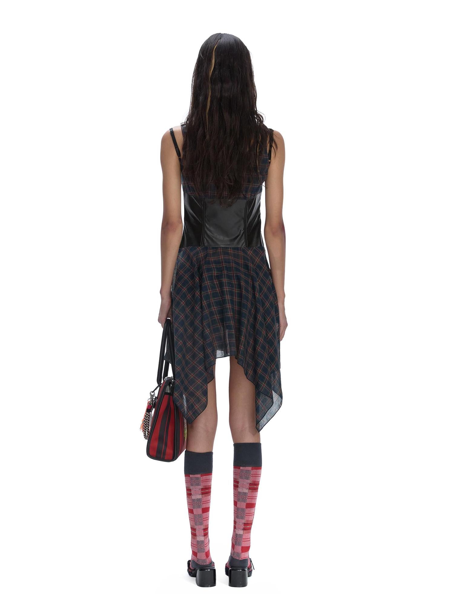 24ans Punk Plaid PU Cotton Asymmetrical Mini Dress V-Neck T-Shirt Long-Sleeve