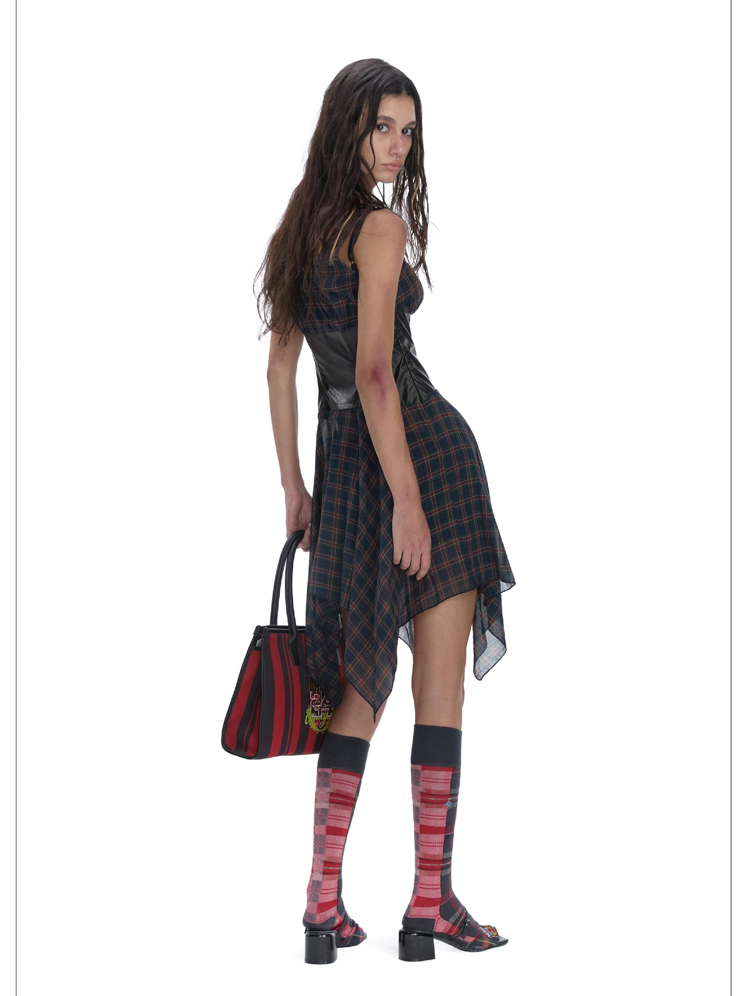24ans Punk Plaid PU Cotton Asymmetrical Mini Dress V-Neck T-Shirt Long-Sleeve