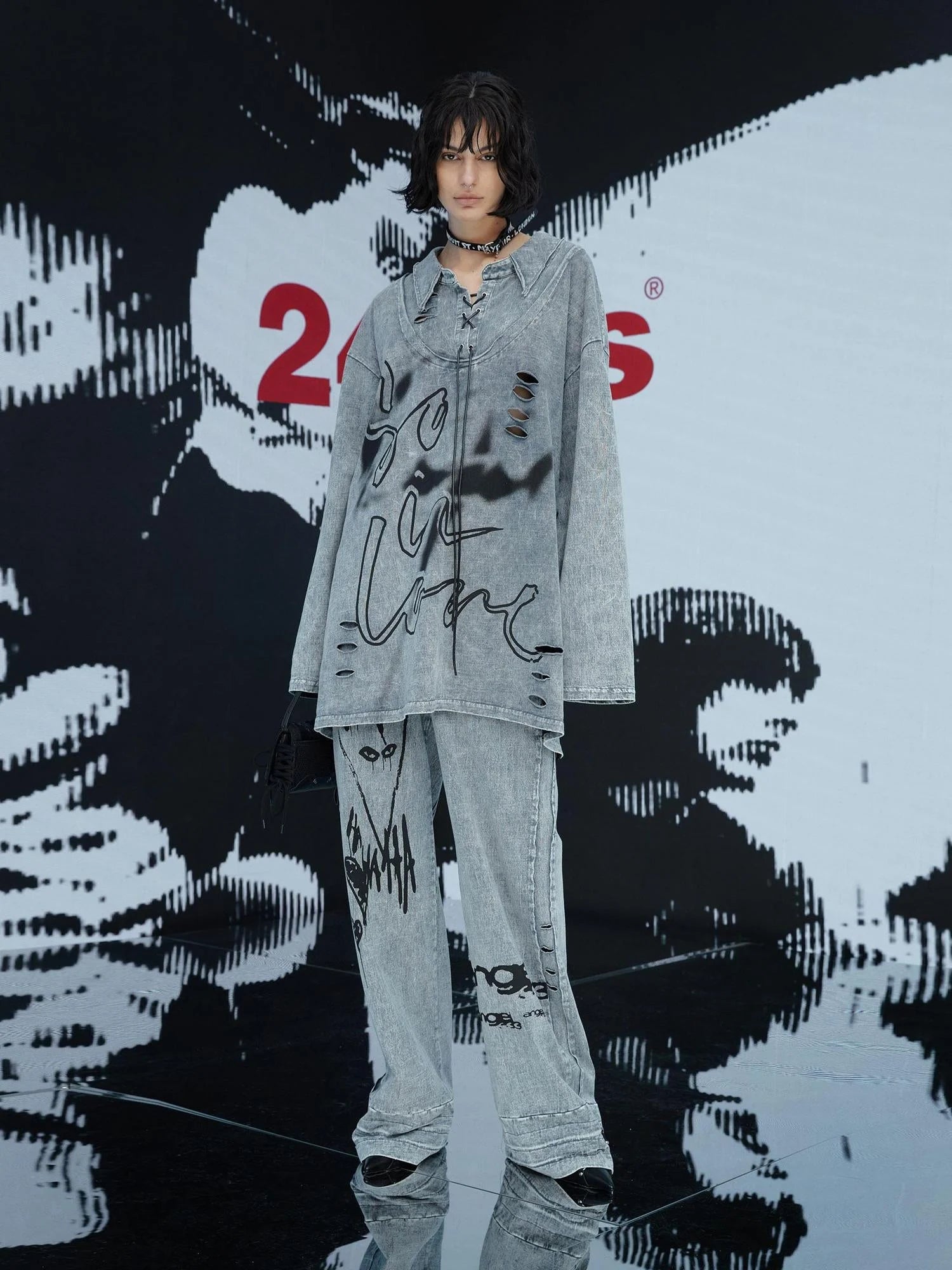 Punk Print Two Sided Reversible Cotton Set V Neck T Shirt Long Sleeve