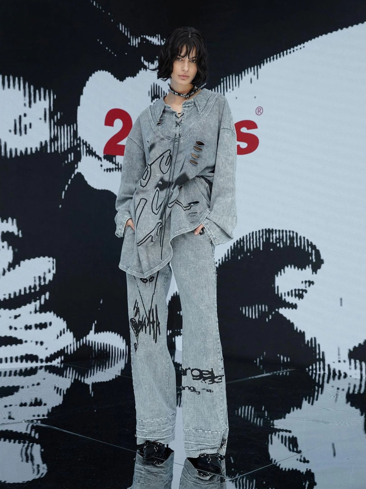 Punk Print Two Sided Reversible Cotton Set V Neck T Shirt Long Sleeve