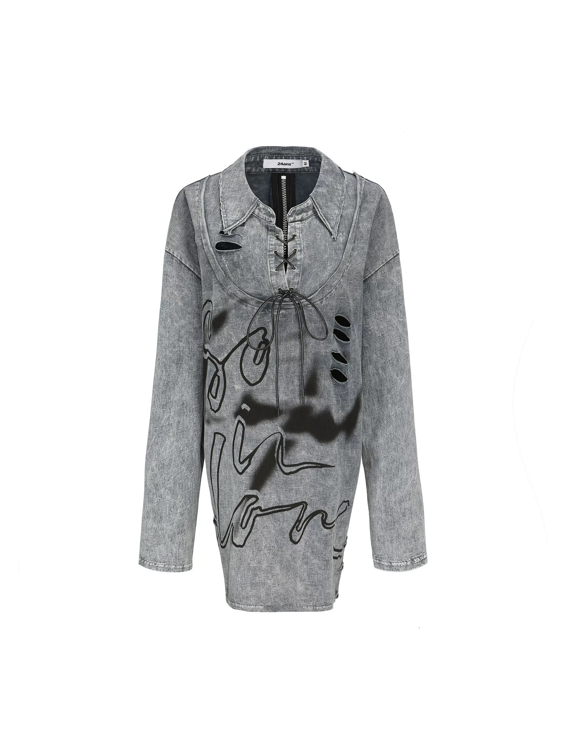 24ans Punk Print Two Sided Reversible Cotton Set V-Neck T-Shirt Long Sleeve MISSTT