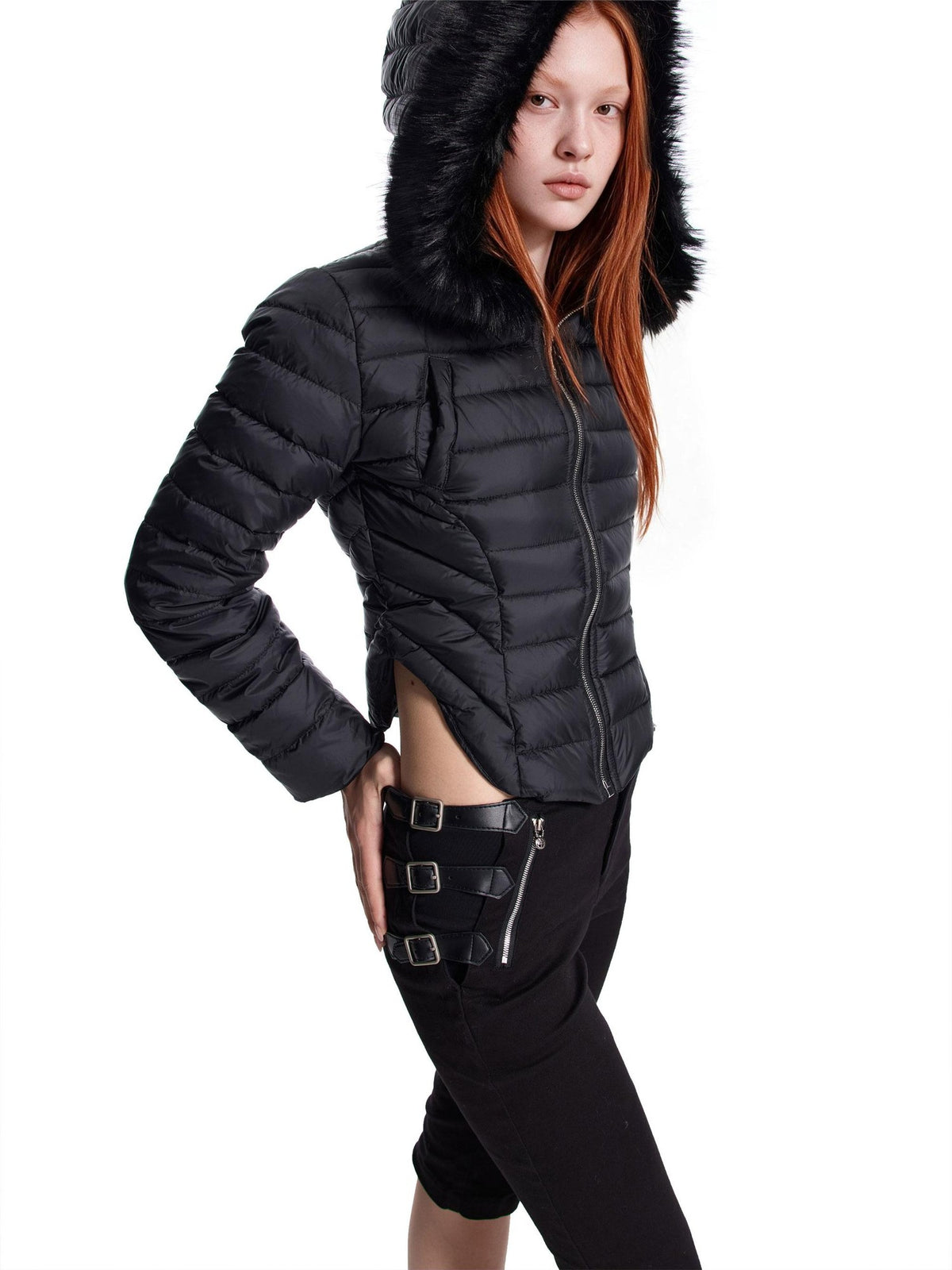 24ans Quilted Detachable Hood Slim Fit Women&