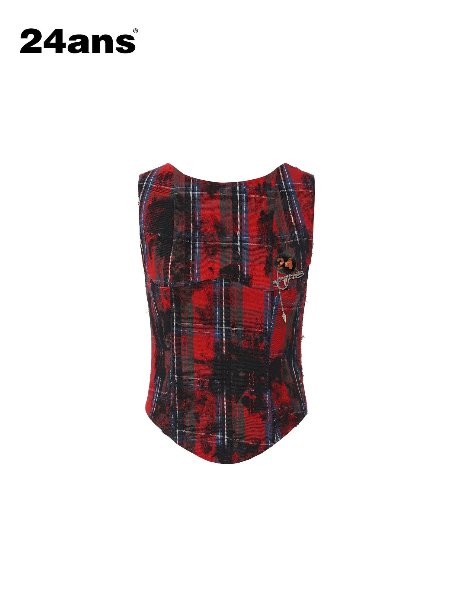 24ans Red Blue Plaid Distressed Spliced Badge Brooch Women&